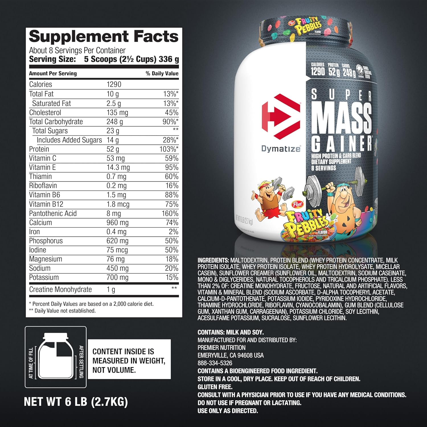 Dymatize Super Mass Gainer Protein Powder, Fruity Pebbles Flavor, 1290 Calories & 52g Protein, Easy Mixing, Delicious Taste - 6lb