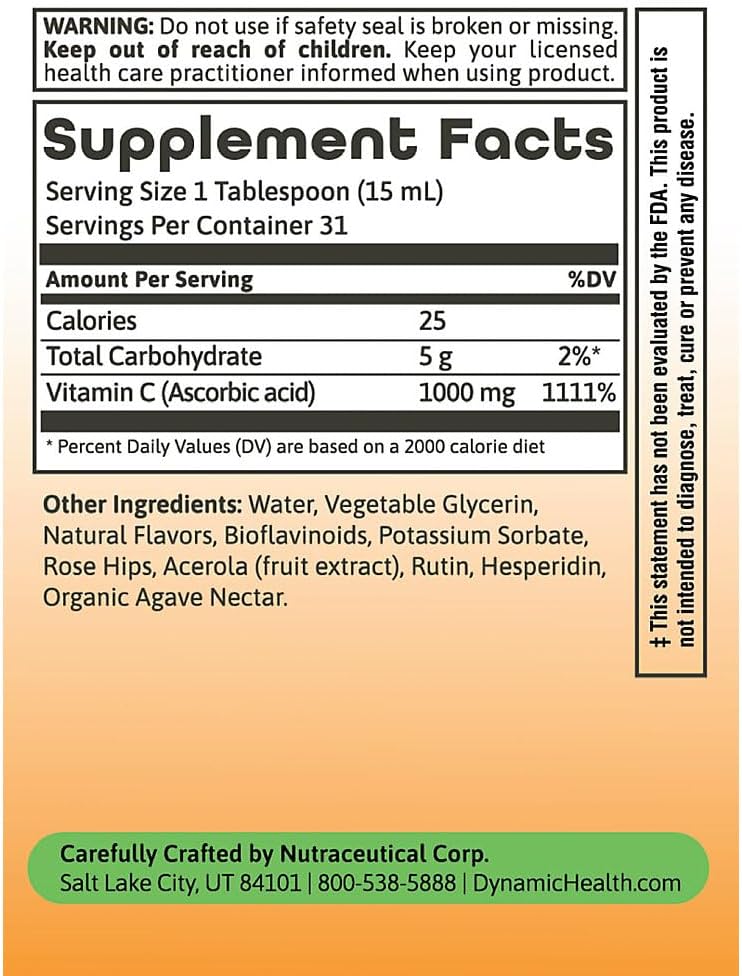 Dynamic Health Liquid Vitamin C - Citrus Flavor - 1000mg, 16oz Bottle - High Potency Immune Support Supplement