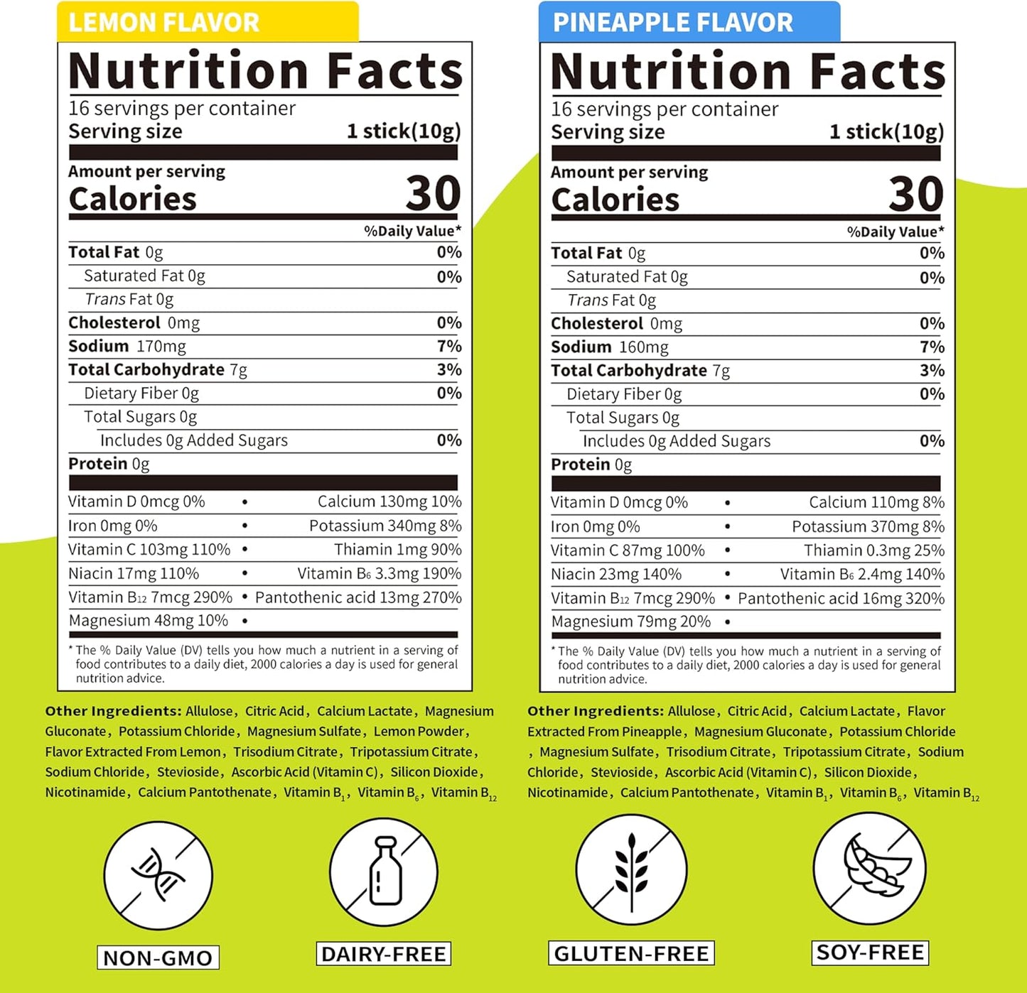 Dynatech Zero Sugar Electrolyte Drink Mix - Lemon & Pineapple Flavor - Hydration Powder Packets with 10 Electrolytes & Vitamins | Non-GMO, Gluten Free, Vegan - 32 Servings