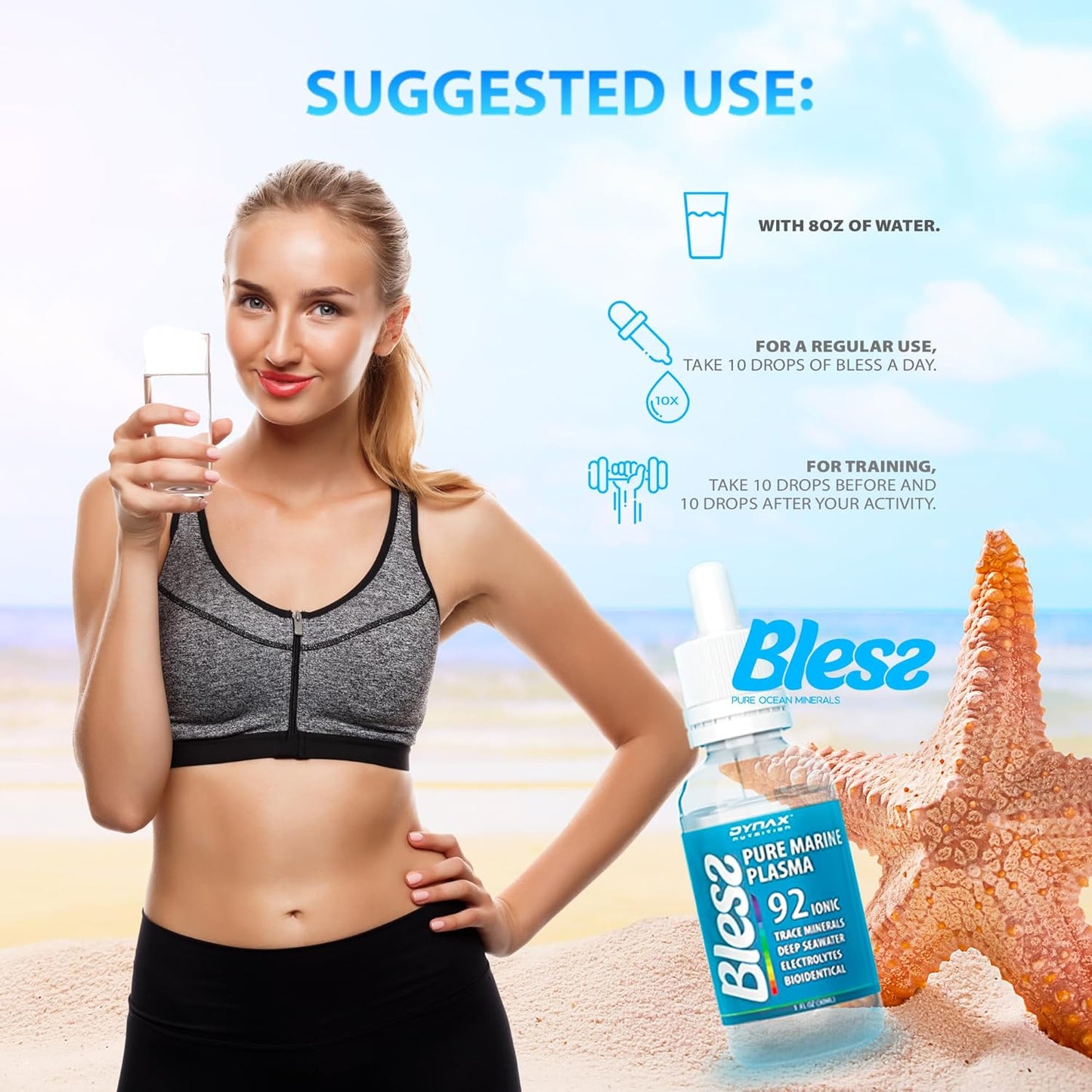 Dynax Bless Trace Minerals Drops - Alkaline Water Drops with 92 Pure Ionic Ocean Minerals - Electrolyte Drops for Hydration, Energy, Cell Repair, Immune System Support, and pH Balance - 60 Servings, 1 Fl Oz
