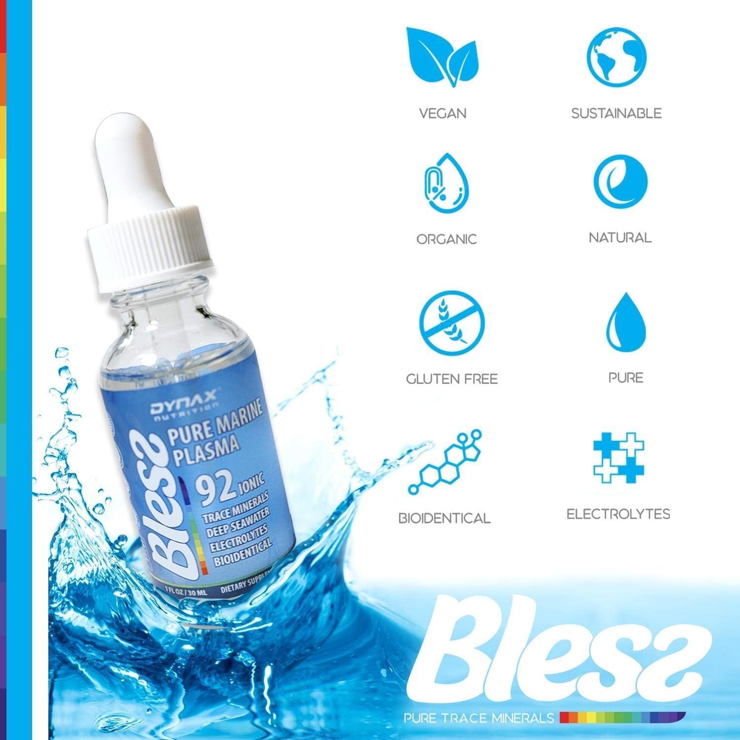 Dynax Bless Trace Minerals Drops - Alkaline Water Drops with 92 Pure Ionic Ocean Minerals - Electrolyte Drops for Hydration, Energy, Cell Repair, Immune System Support, and pH Balance - 60 Servings, 1 Fl Oz