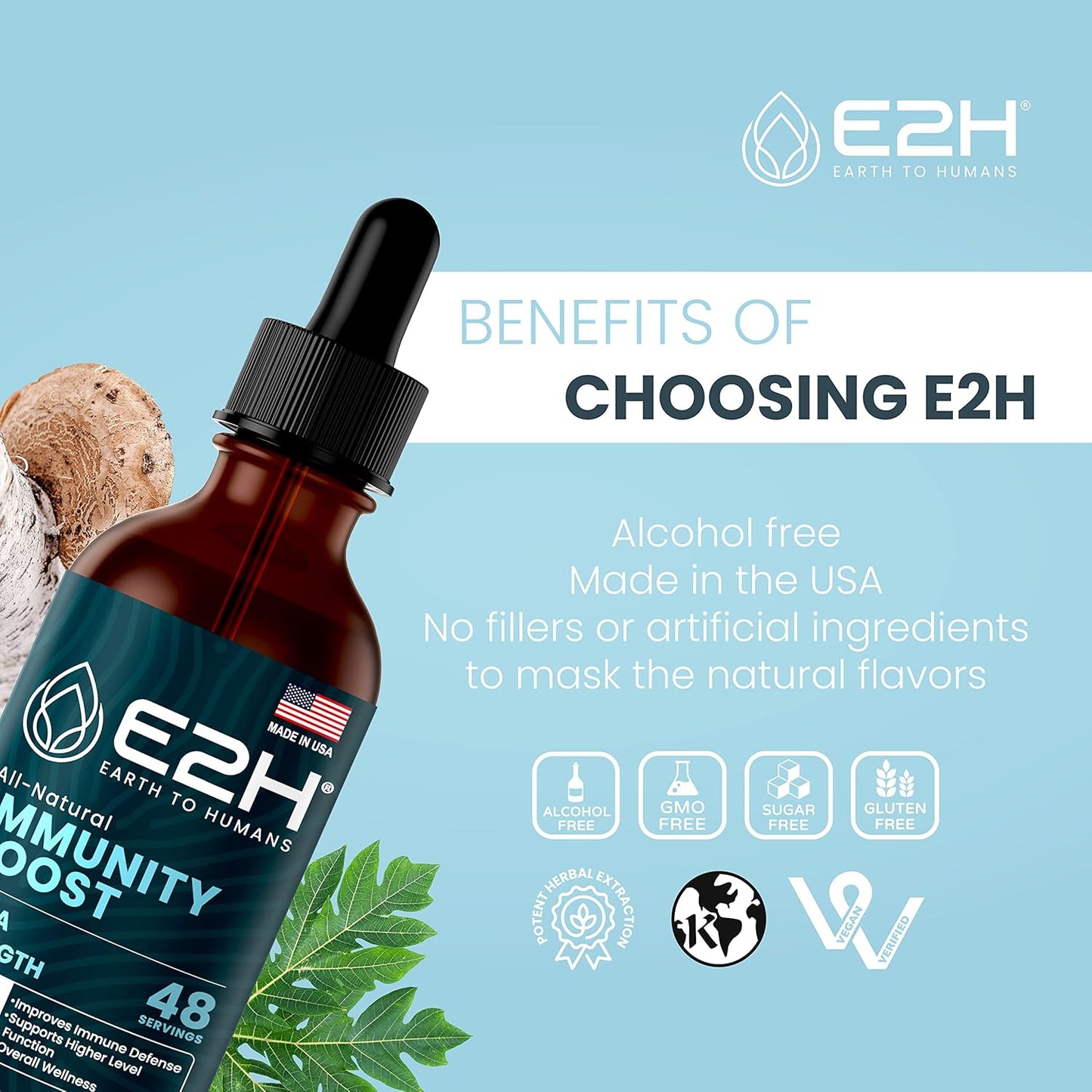 E2H Advanced Immune Defense Supplement - All-Natural Immune Booster with Holy Basil and Papaya Leaves - Vegan Drops - 2 Fl Oz
