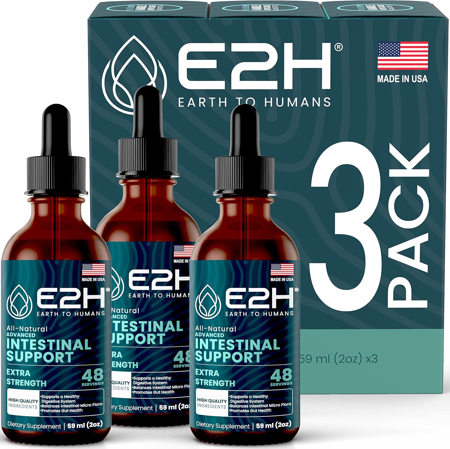E2H Advanced Intestinal Support Supplement - Promotes Intestinal Balance and Gut Health - Wormwood and Black Walnut Extract - Non-GMO, Vegan - Pack of 3