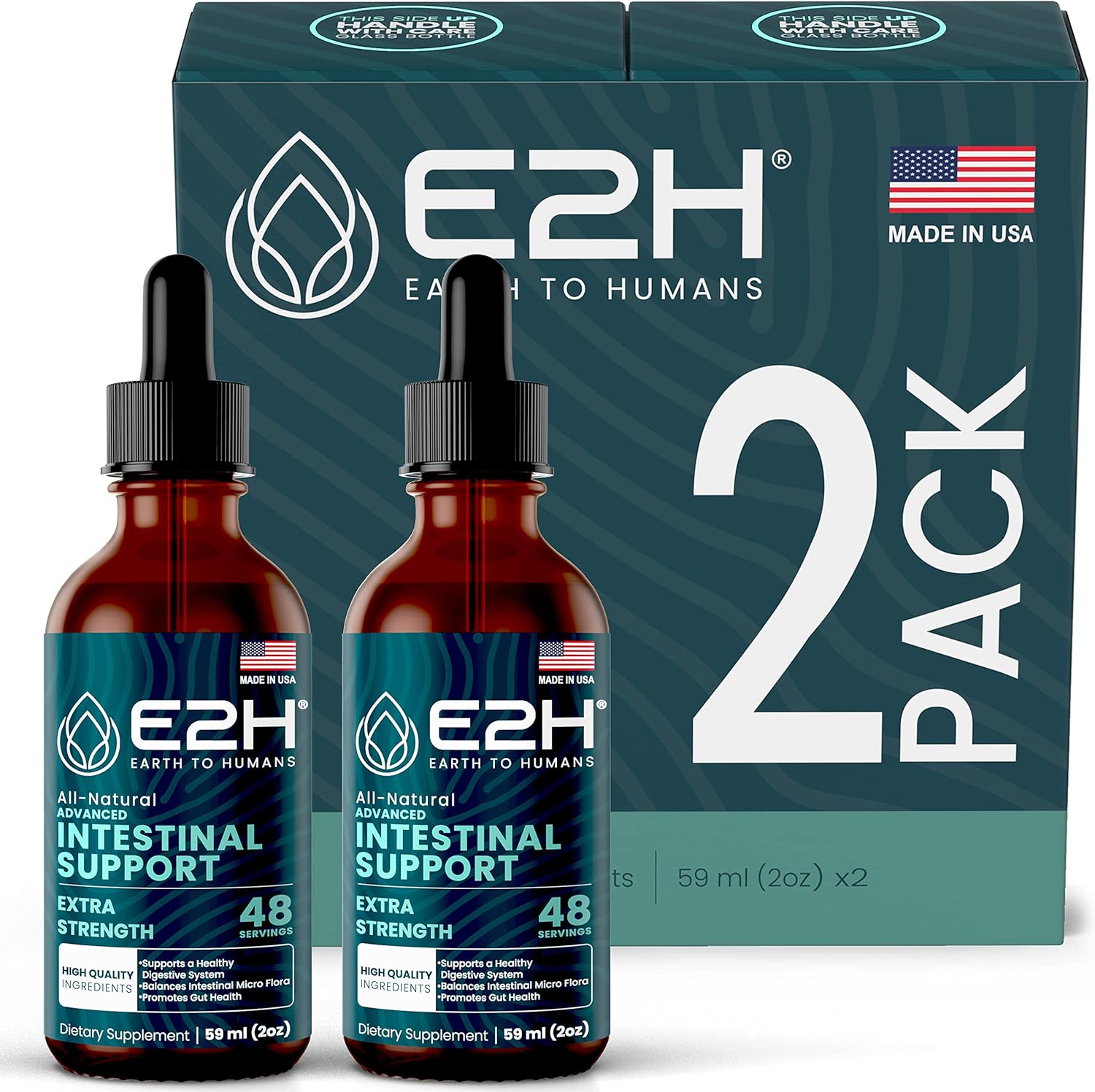 E2H Advanced Intestinal Support Supplement with Wormwood and Black Walnut Extract - Promotes Gut Health and Digestive System - Non-GMO, Vegan - Pack of 2 Bottles