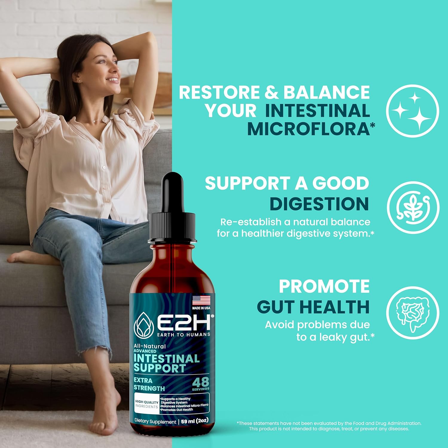 E2H Advanced Intestinal Support Supplement with Wormwood and Black Walnut Extract - Promotes Gut Health and Digestive System - Non-GMO, Vegan - Pack of 2 Bottles