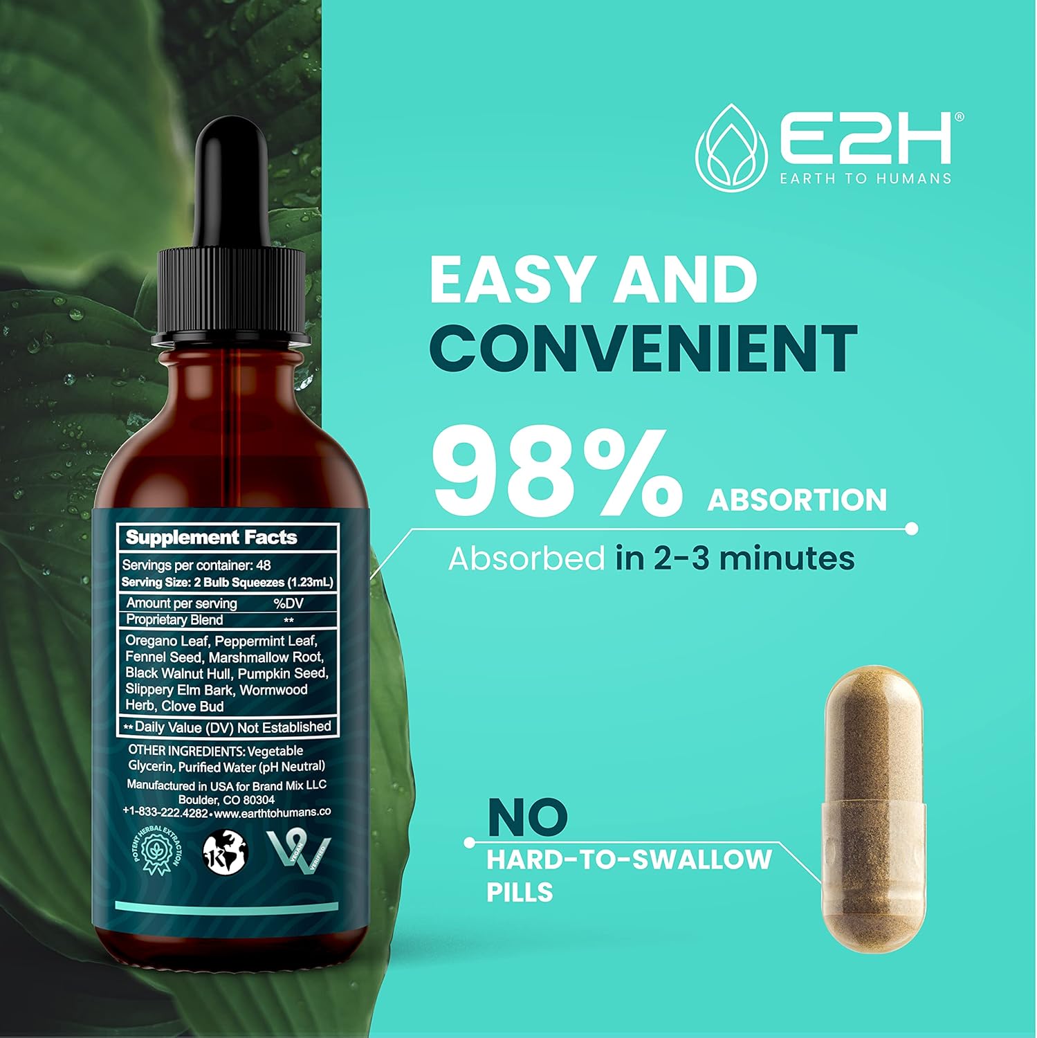 E2H Advanced Intestinal Support Supplement with Wormwood and Black Walnut Extract - Promotes Gut Health and Digestive System - Non-GMO, Vegan - Pack of 2 Bottles