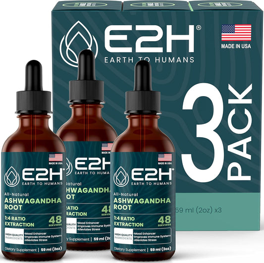E2H Ashwagandha Liquid Drops - Organic Stress Relief Supplement for Mood Enhancement - Cortisol Manager for Vegan Non-GMO Wellness (3 Bottles)