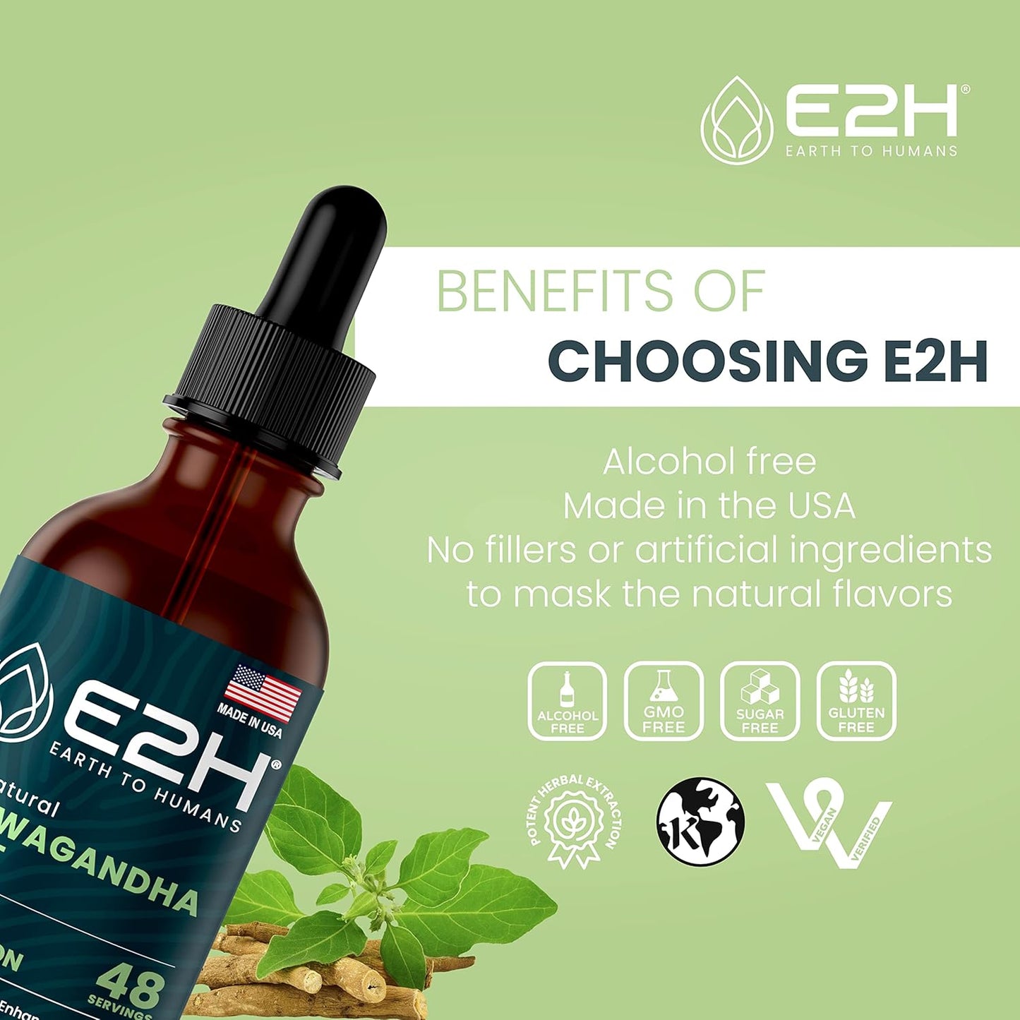 E2H Ashwagandha Liquid Drops - Organic Stress Relief Supplement for Mood Enhancement - Cortisol Manager for Vegan Non-GMO Wellness (3 Bottles)
