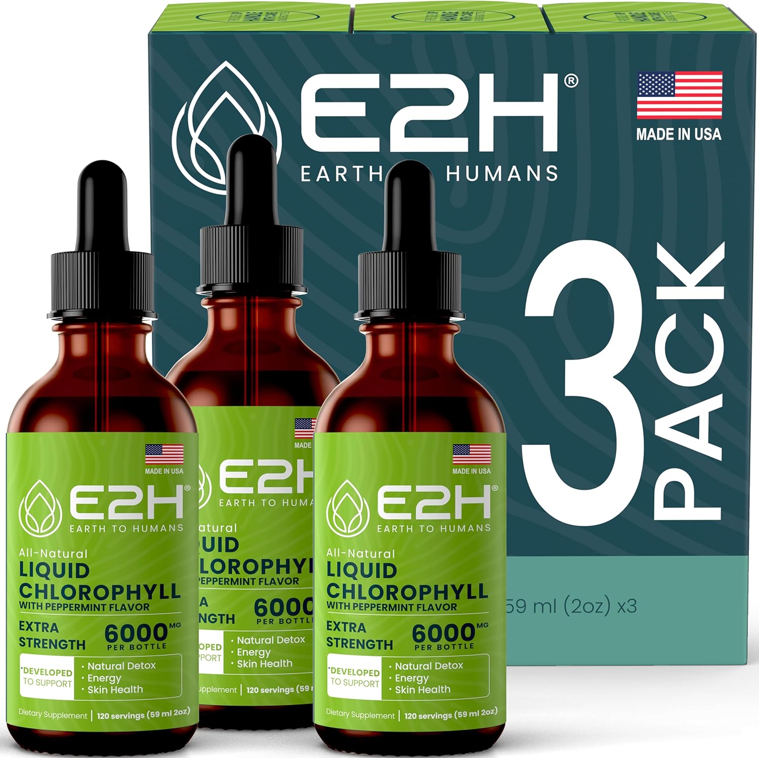E2H Chlorophyll Liquid Drops - Natural Energy Booster, Immune Support, Internal Deodorant - Peppermint Flavor - Pack of 3