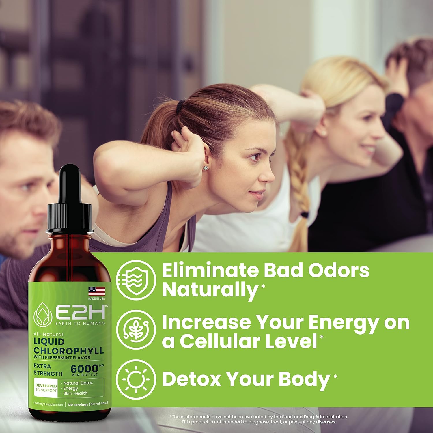 E2H Chlorophyll Liquid Drops - Natural Energy Booster, Immune Support, Internal Deodorant - Peppermint Flavor - Pack of 3