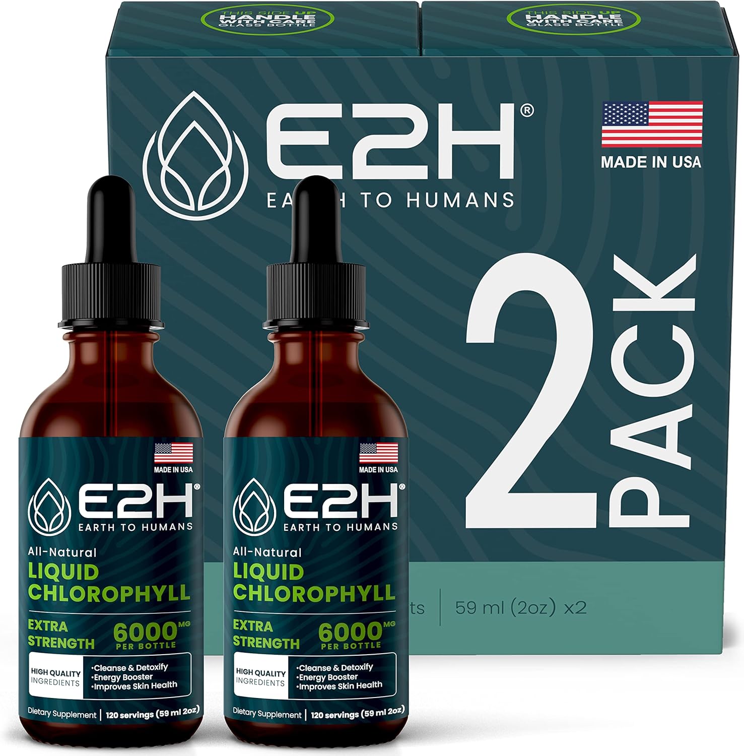E2H Chlorophyll Liquid Drops: Energy Booster, Digestive Aid, Immune Support - Vegan, Gluten-Free, Non-GMO (2 Bottles)