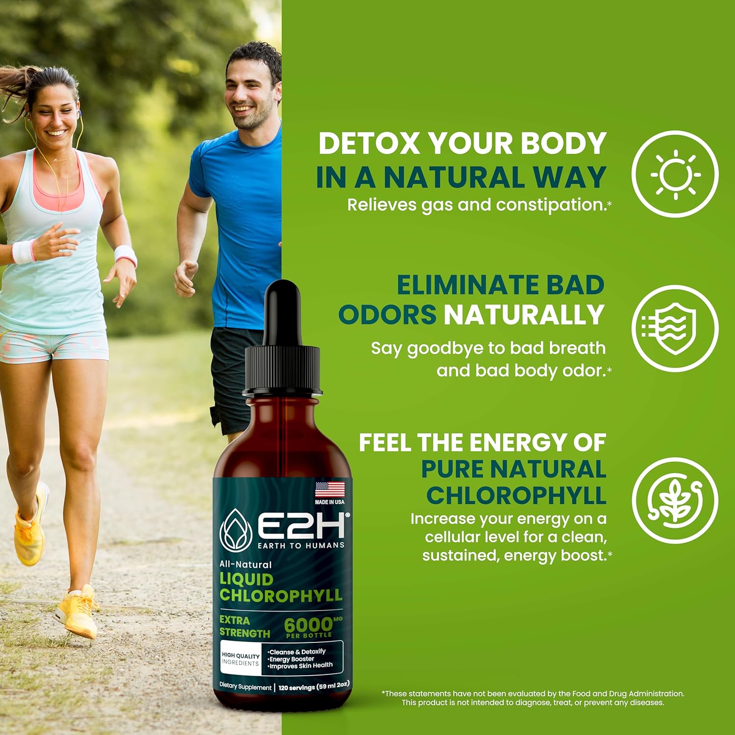 E2H Chlorophyll Liquid Drops: Energy Booster, Digestive Aid, Immune Support - Vegan, Gluten-Free, Non-GMO (2 Bottles)