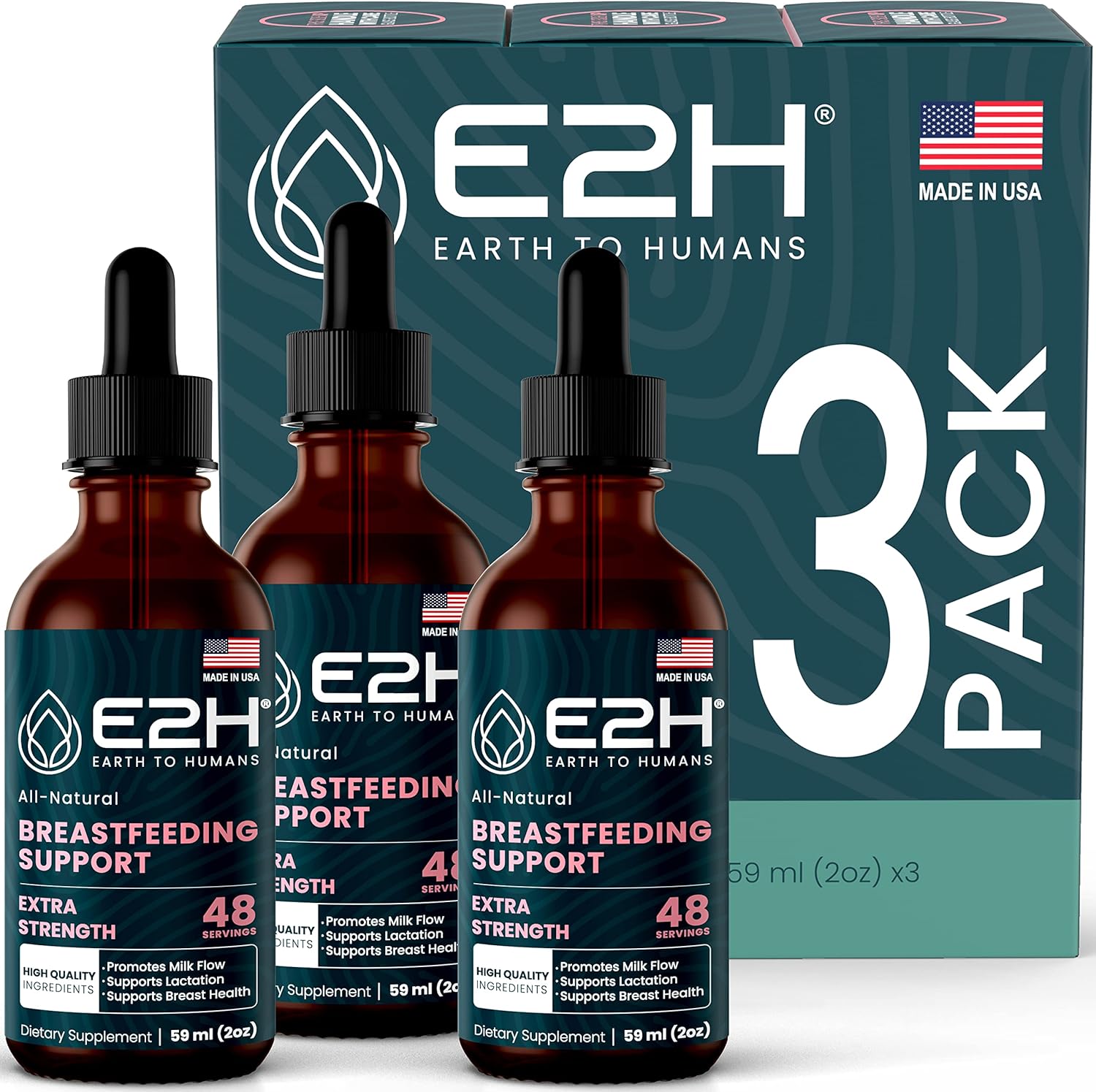 E2H Earth to Humans Liquid Breastfeeding Supplement - Lactation Support with Fenugreek, Milk Thistle, Fennel - Vegan - Alcohol-Free - Pack of 3
