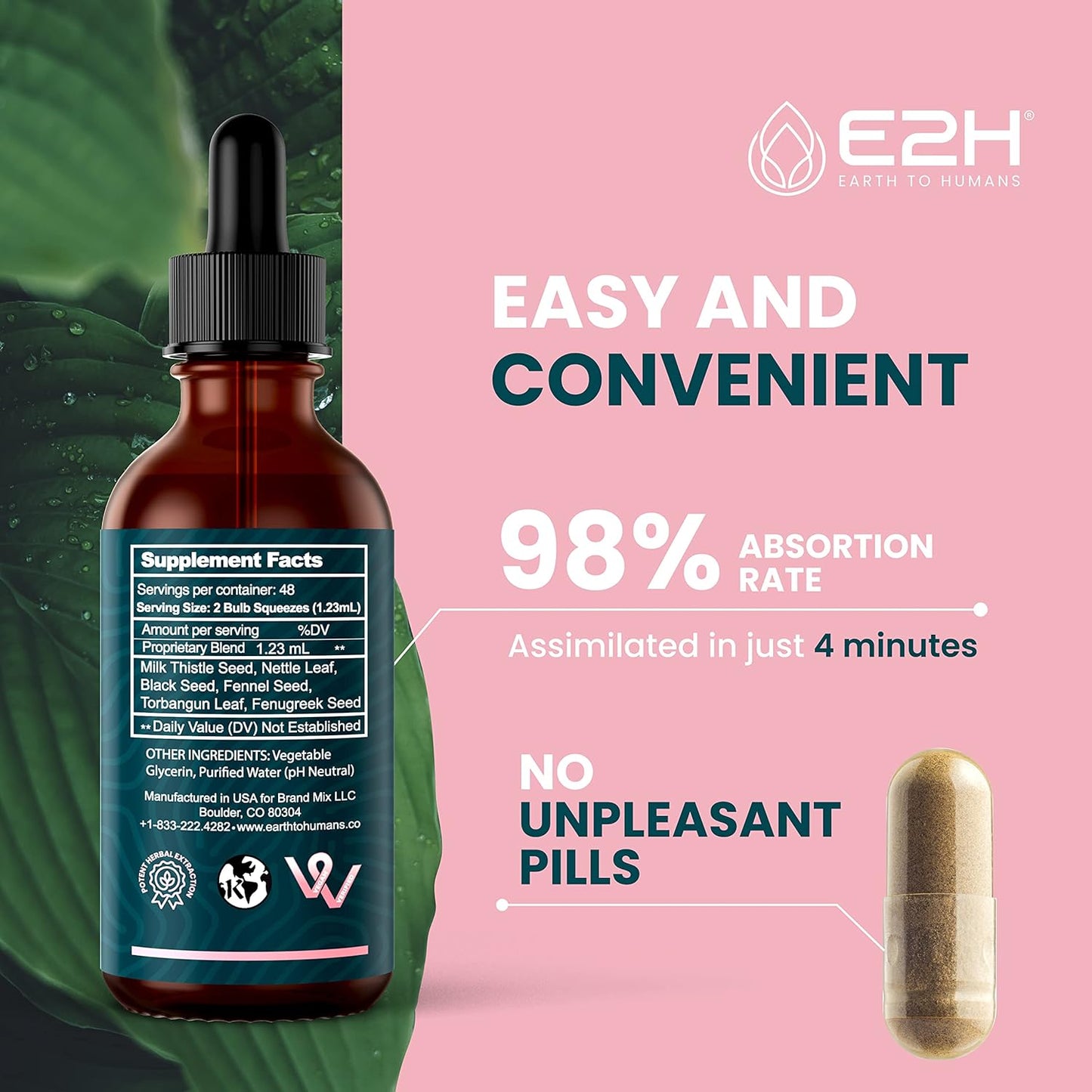 E2H Earth to Humans Liquid Breastfeeding Supplement - Lactation Support with Fenugreek, Milk Thistle, Fennel - Vegan - Alcohol-Free - Pack of 3