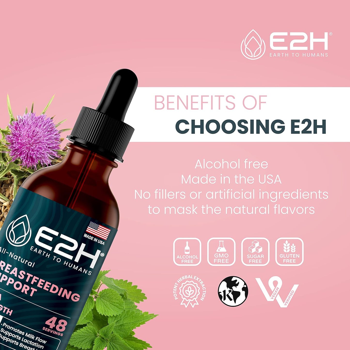 E2H Earth to Humans Liquid Breastfeeding Supplement - Lactation Support with Fenugreek, Milk Thistle, Fennel - Vegan - Alcohol-Free - Pack of 3