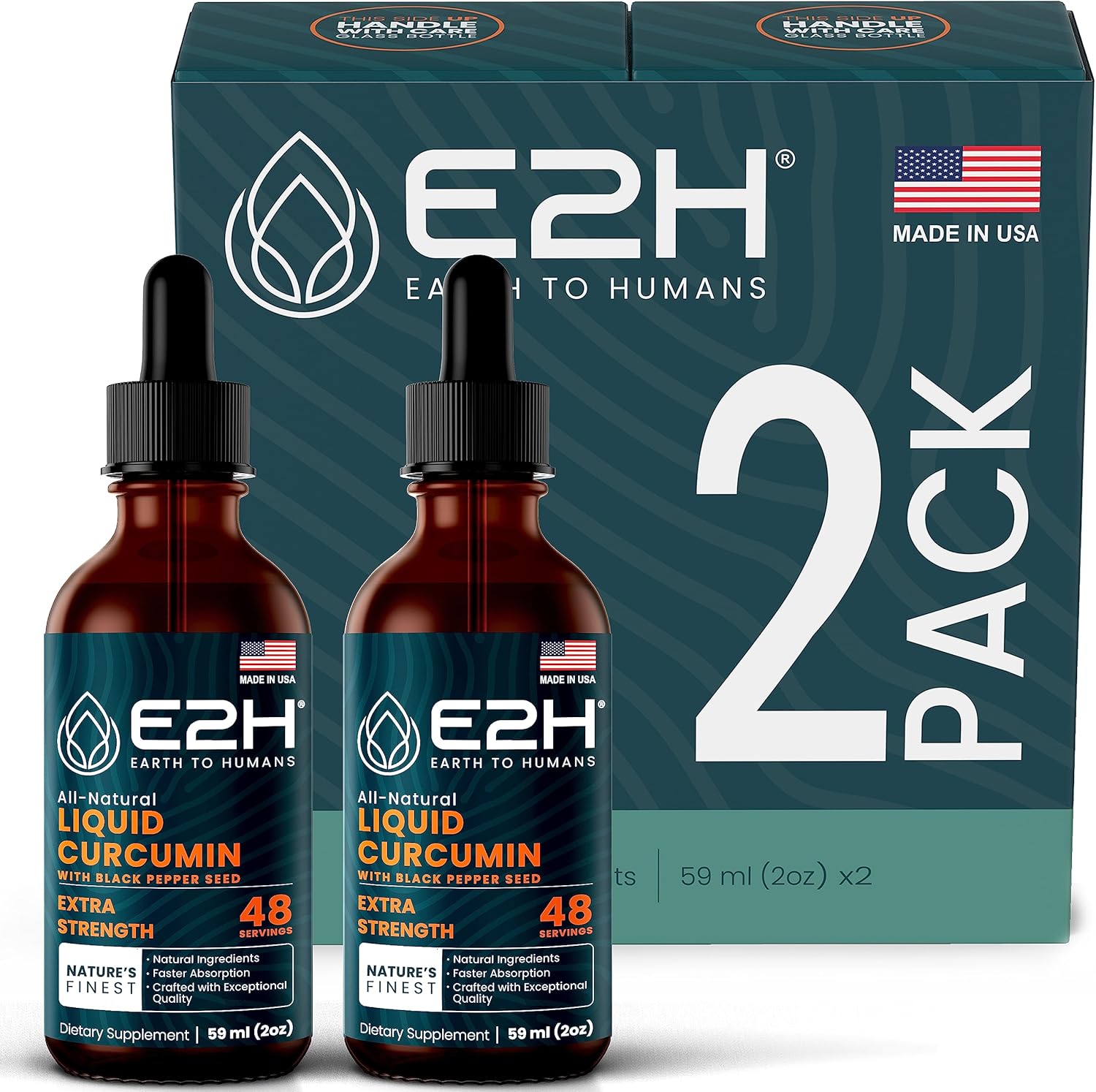 E2H Earth to Humans Turmeric Curcumin Drops with Black Pepper - Joint Support Supplement - Vegan - Non-GMO - 2 Bottles