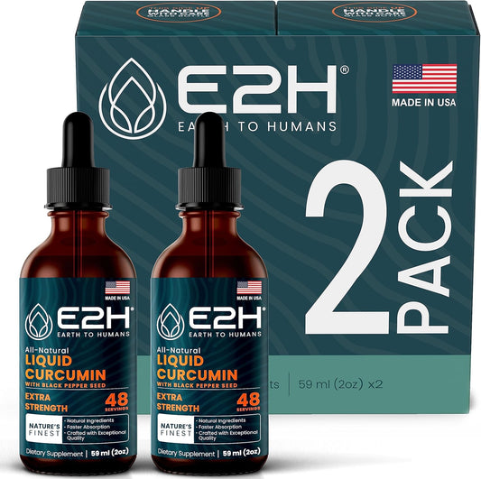 E2H Earth to Humans Turmeric Curcumin Drops with Black Pepper - Joint Support Supplement - Vegan - Non-GMO - 2 Bottles