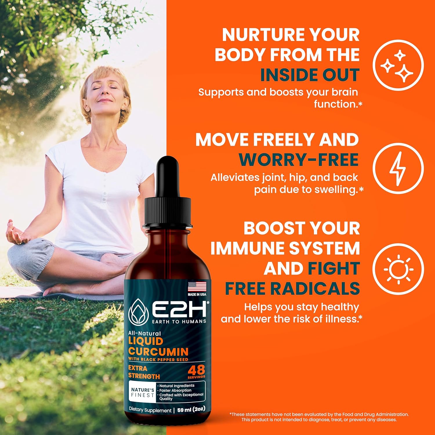 E2H Earth to Humans Turmeric Curcumin Drops with Black Pepper - Joint Support Supplement - Vegan - Non-GMO - 2 Bottles