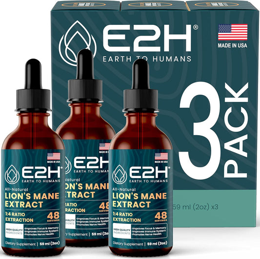 E2H Lion’s Mane Mushroom Extract - Enhances Mental Clarity, Memory & Focus - Immune Support Supplement - Non-GMO, Vegan - (3 Bottles)