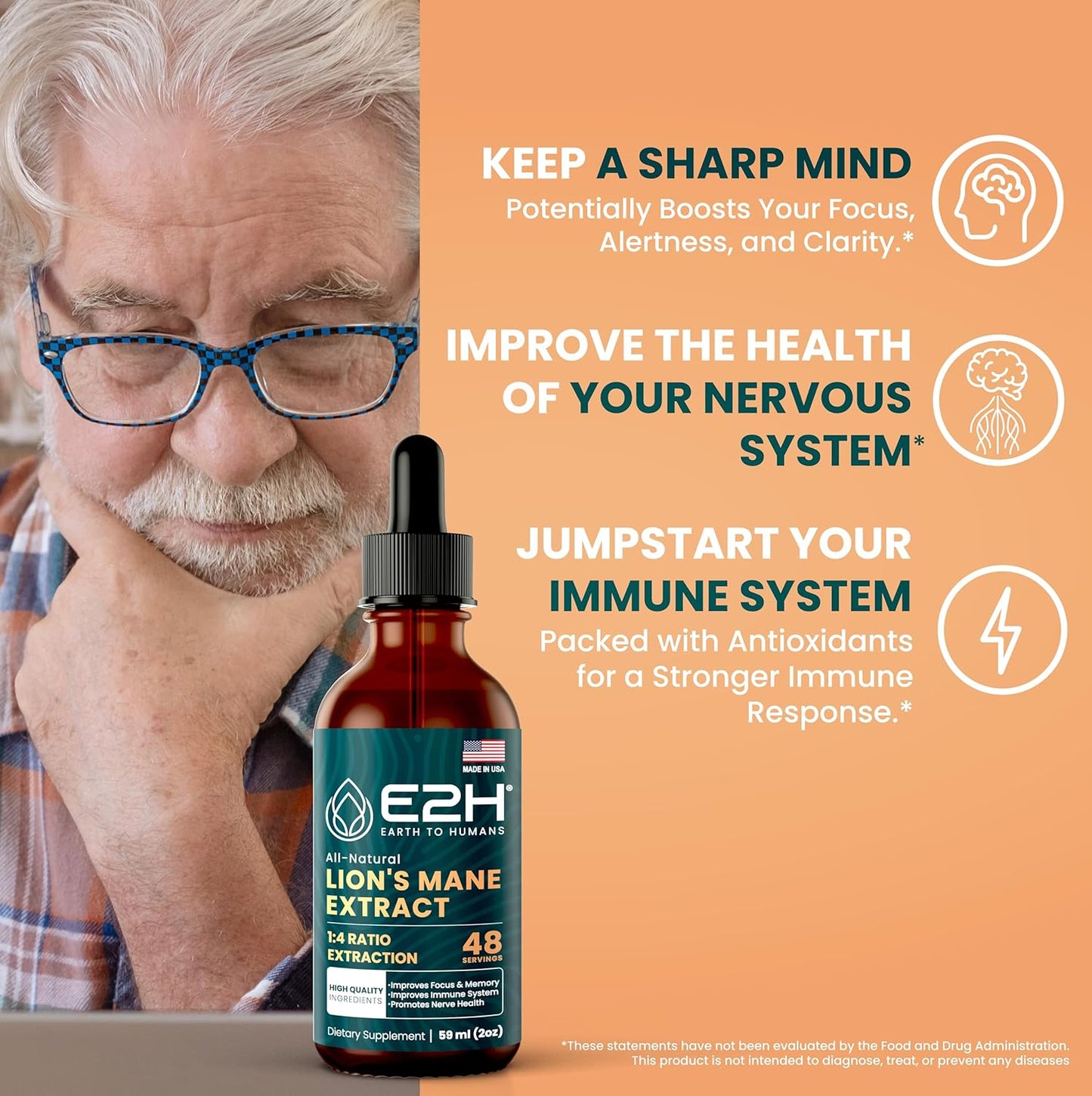 E2H Lion’s Mane Mushroom Extract - Enhances Mental Clarity, Memory & Focus - Immune Support Supplement - Non-GMO, Vegan - (3 Bottles)