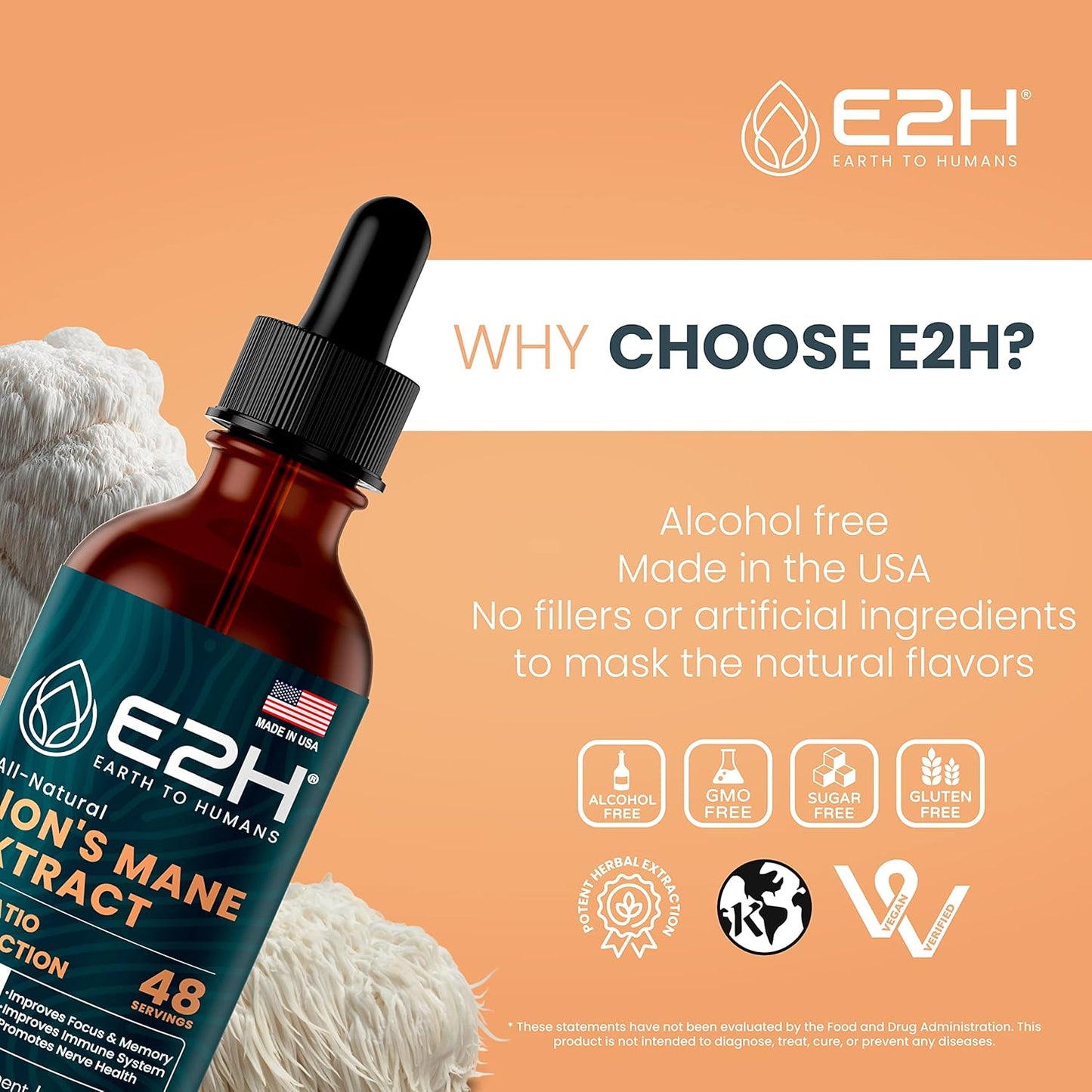 E2H Lion’s Mane Mushroom Extract - Enhances Mental Clarity, Memory & Focus - Immune Support Supplement - Non-GMO, Vegan - (3 Bottles)