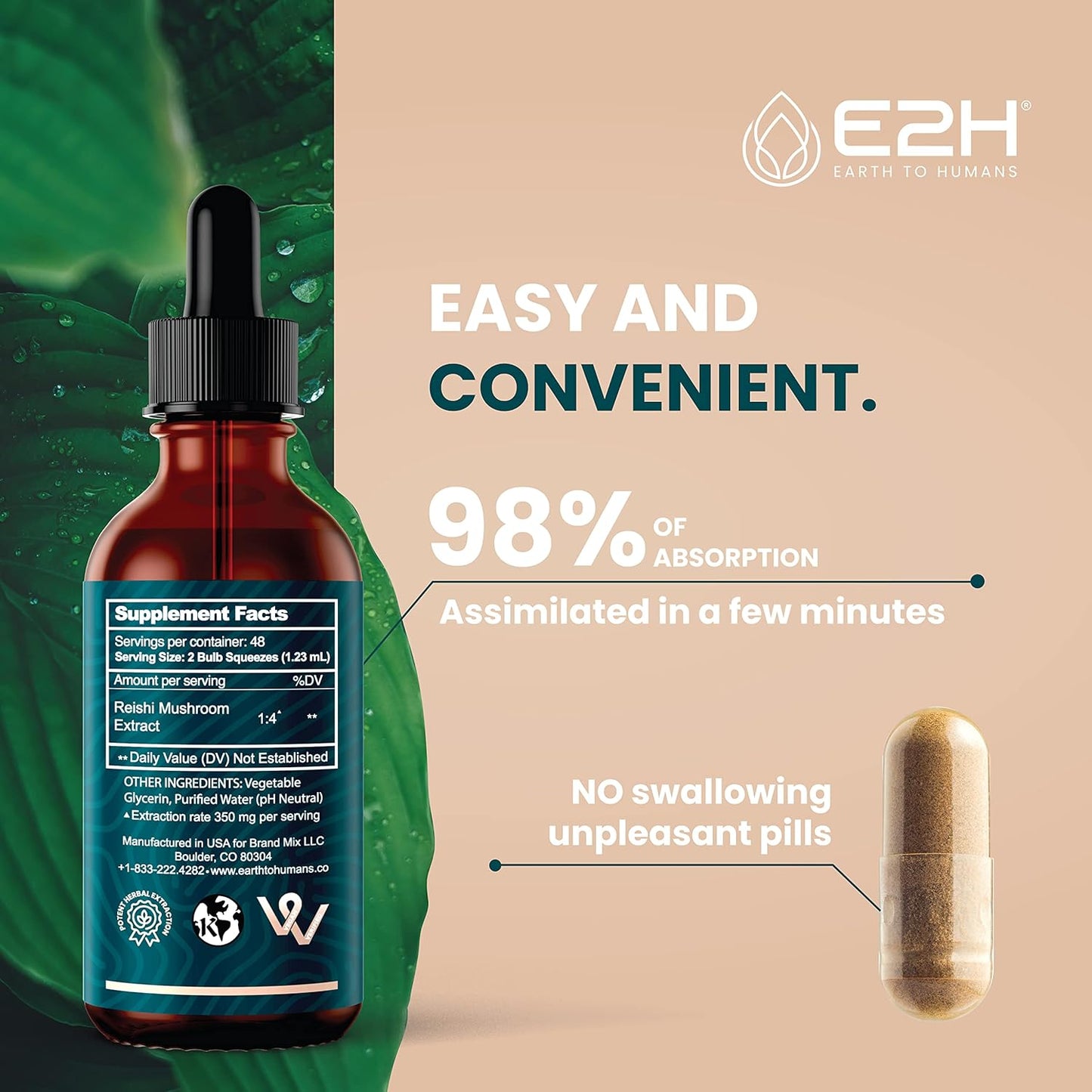 E2H Reishi Mushroom Extract: Natural Energy & Wellness Support - Advanced Mushroom Supplement - Non-GMO, Vegan - 3 Bottles