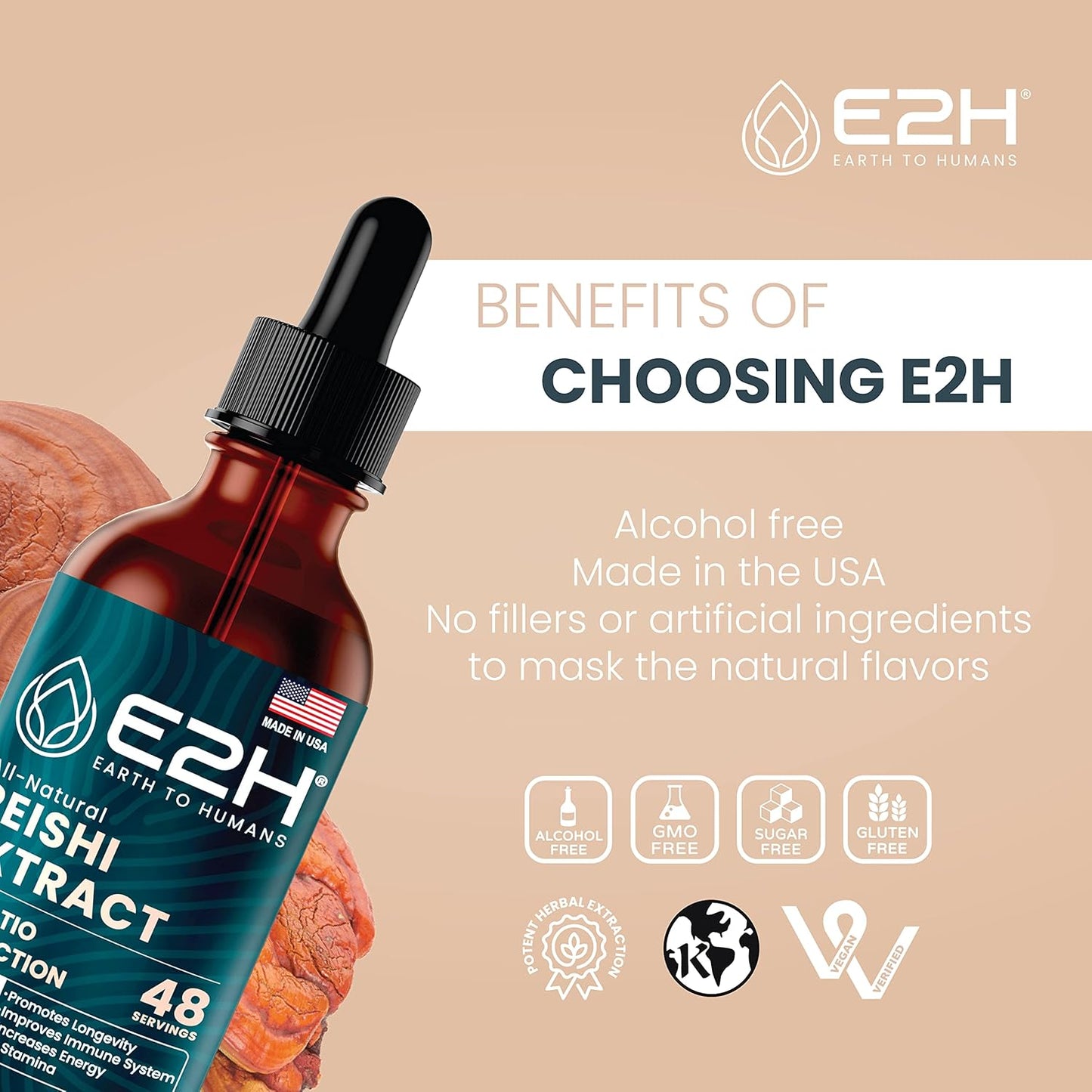 E2H Reishi Mushroom Extract: Natural Energy & Wellness Support - Advanced Mushroom Supplement - Non-GMO, Vegan - 3 Bottles