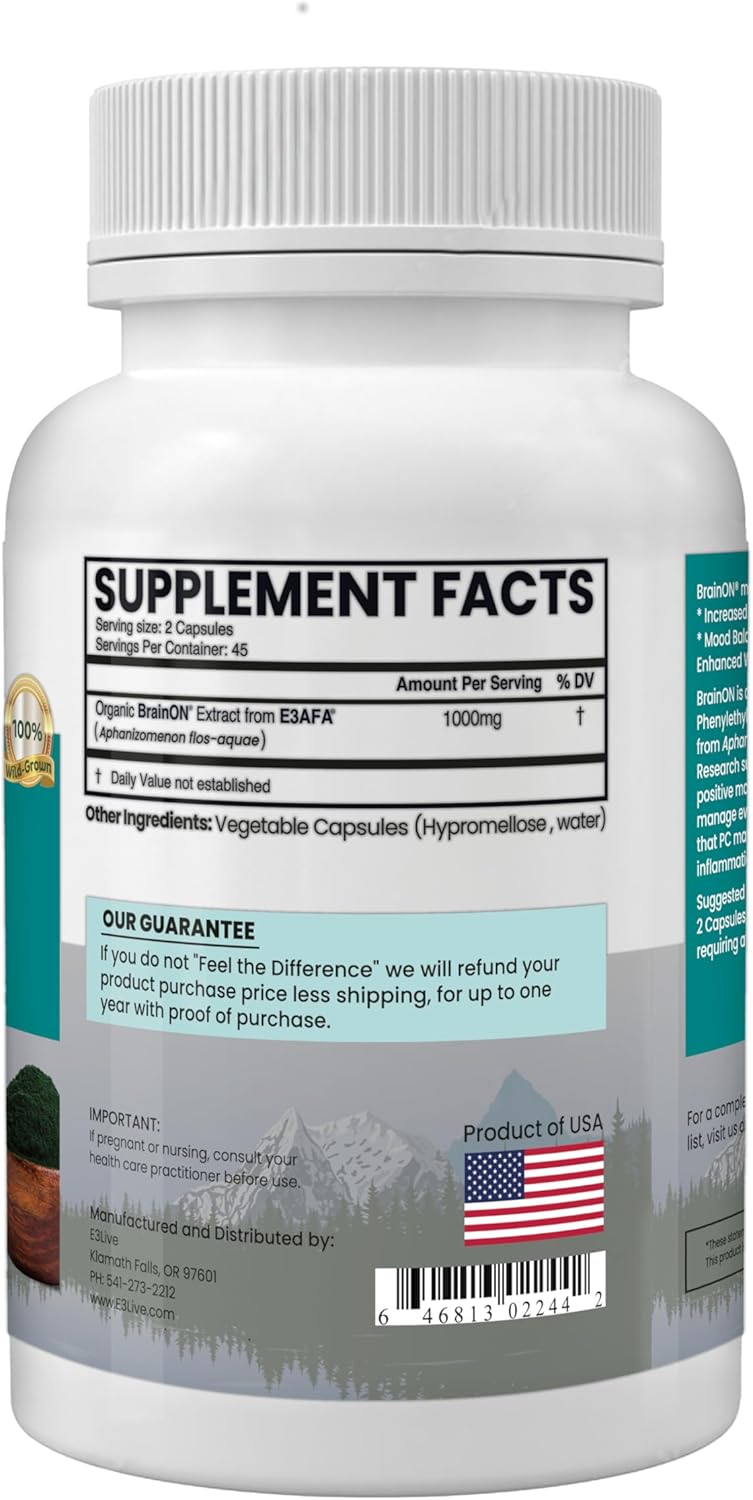 E3LIVE BrainON Extract Capsules - Mood Balance & Focus Support (90 Count)