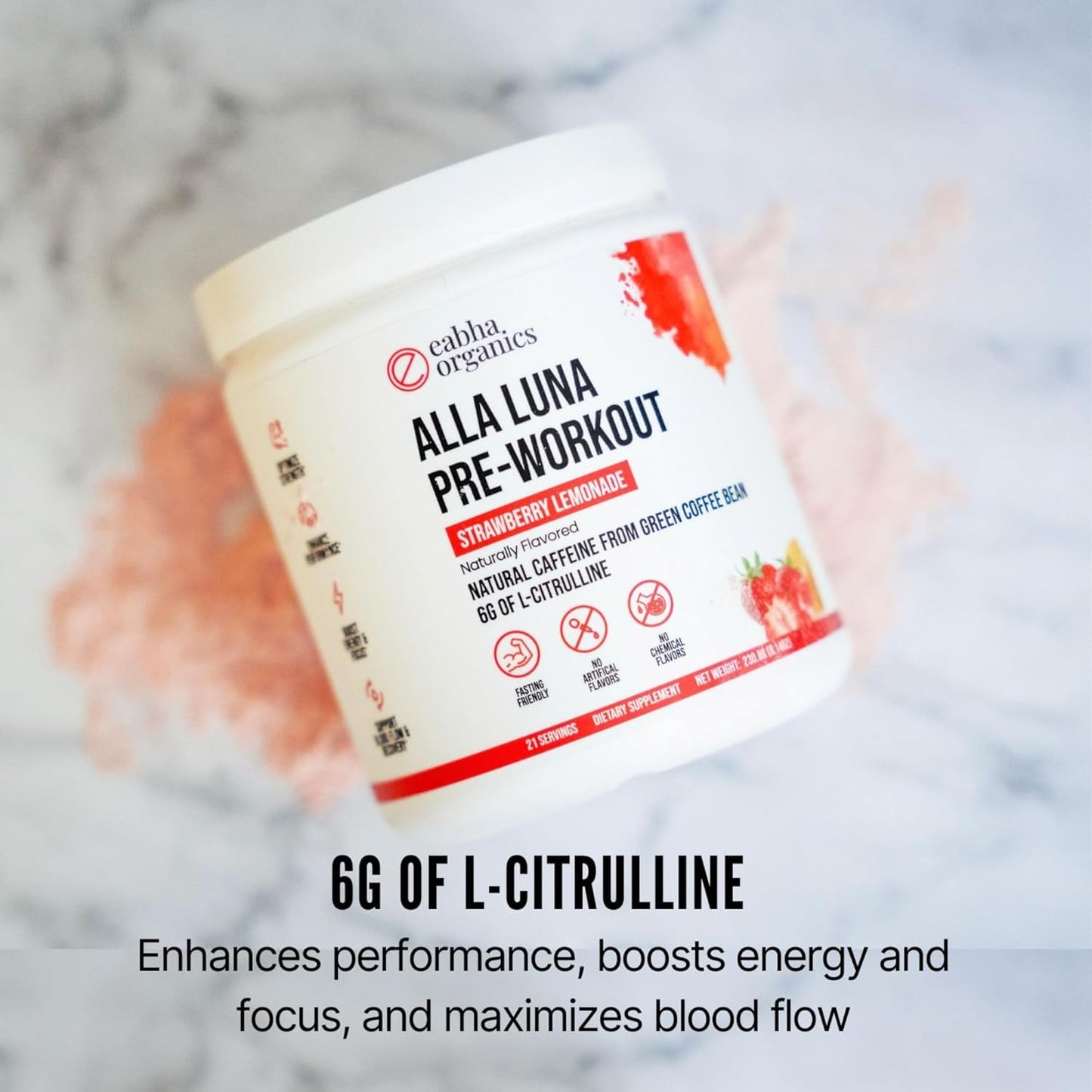 Eabha Organics Alla Luna Pre-Workout - Strawberry Lemonade Flavor - Boost Energy, Focus, and Stamina - Enhance Blood Flow for Improved Workouts - 21-Day Supply - Single Scoop Dosage
