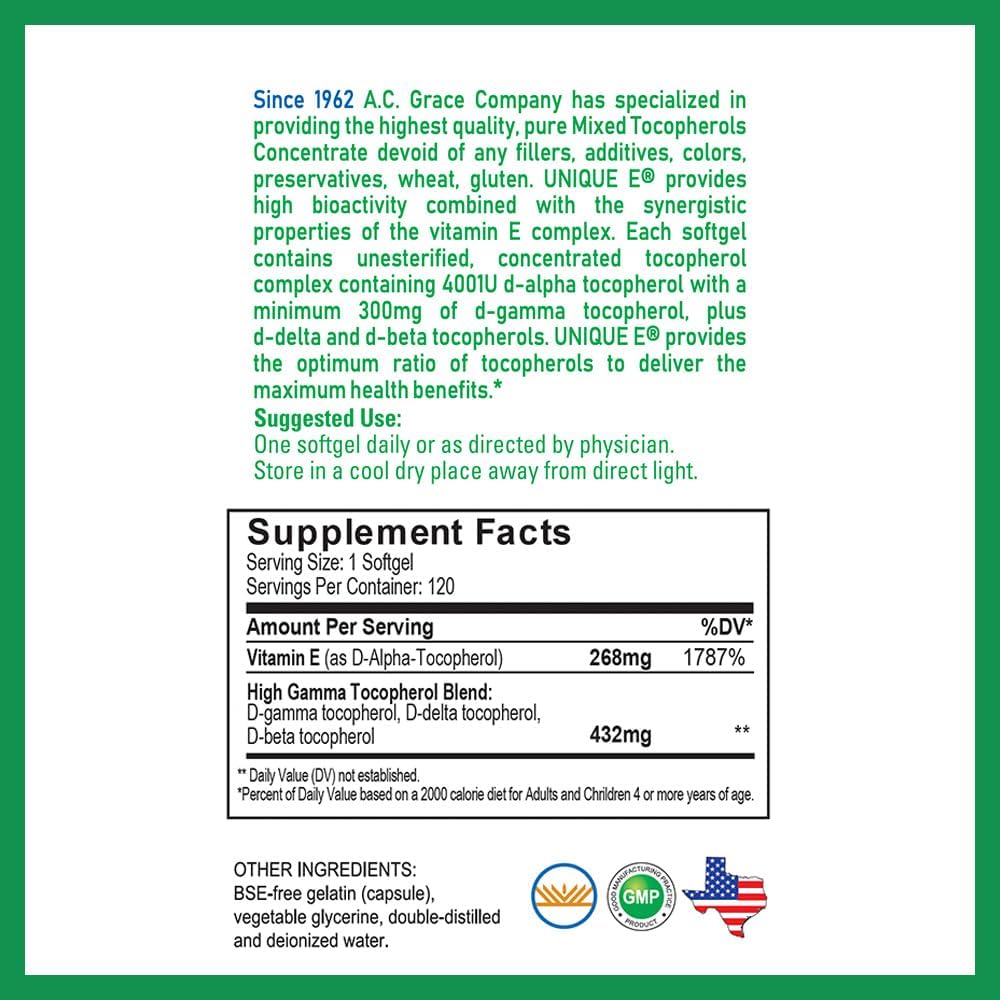 E.A.C. Grace Company Mixed Tocopherols Concentrate Softgel 120 Count with Tocotrienol-Free Softgels 60 Count - Unique Antioxidant Supplements