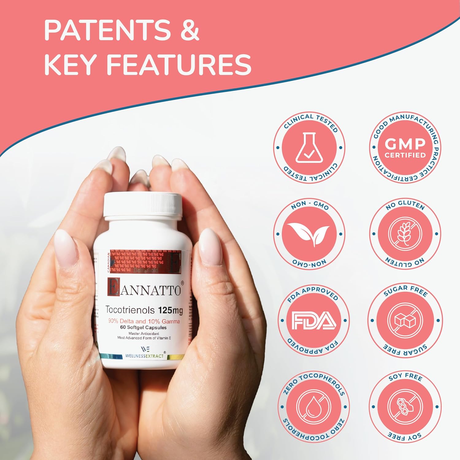 Eannatto Tocotrienols Deltagold 125mg Softgels - Immune Health Support - Non-GMO Antioxidant Supplement Pack of 6