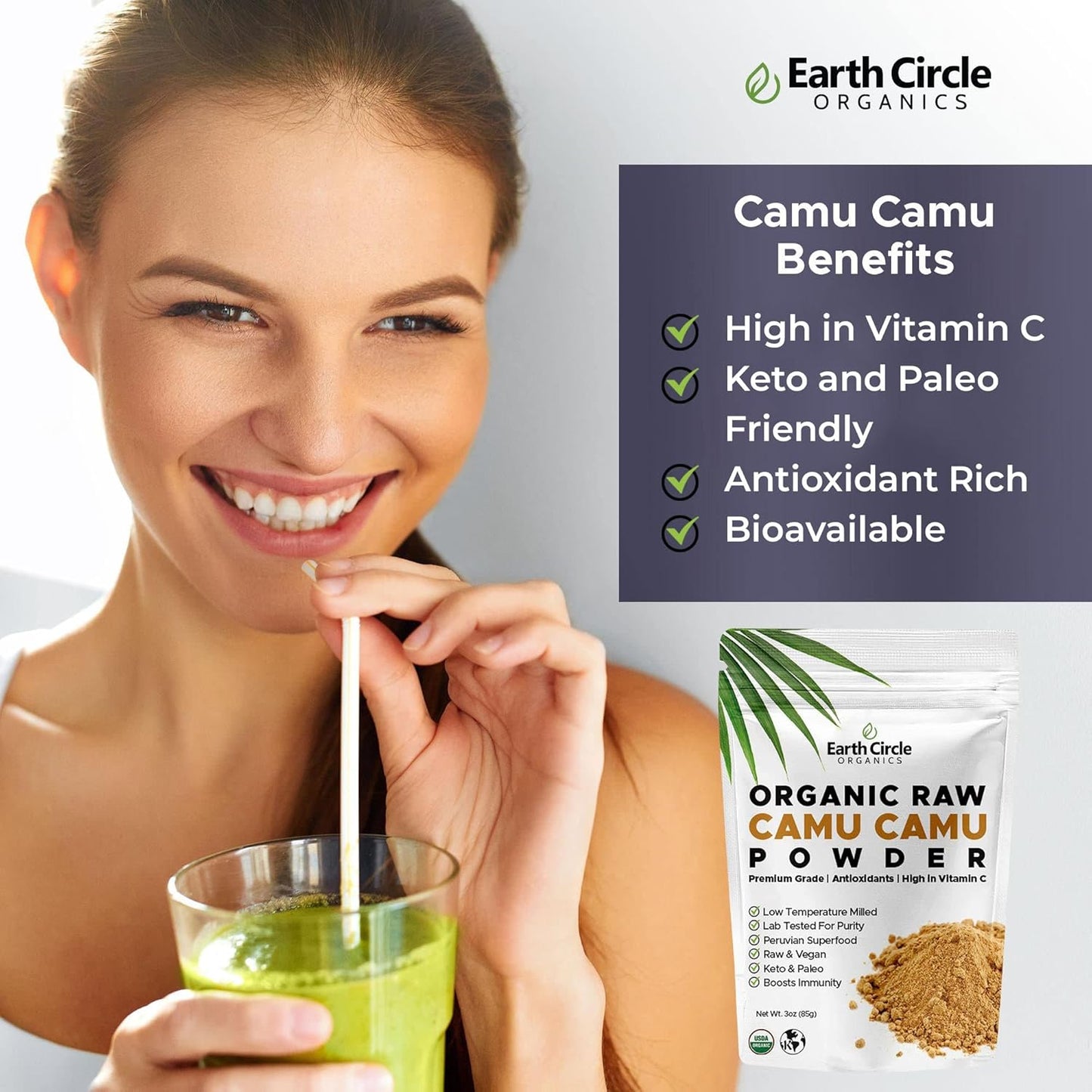 Earth Circle Organics Camu Camu Berry Powder - 100% Pure Vitamin C Supplement - Raw & Vegan - 9 Ounces Total