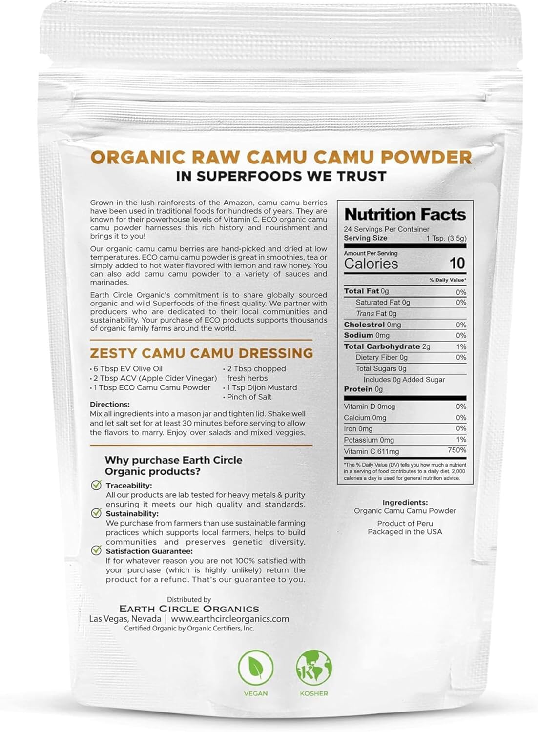 Earth Circle Organics Camu Camu Berry Powder - 100% Pure Vitamin C Supplement - Raw & Vegan - 9 Ounces Total