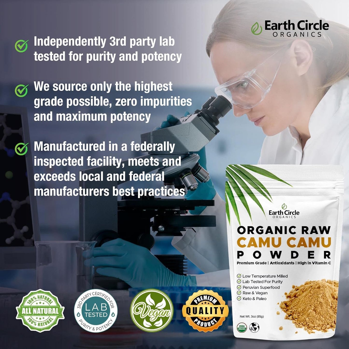 Earth Circle Organics Camu Camu Berry Powder - 100% Pure Vitamin C Supplement - Raw & Vegan - 9 Ounces Total
