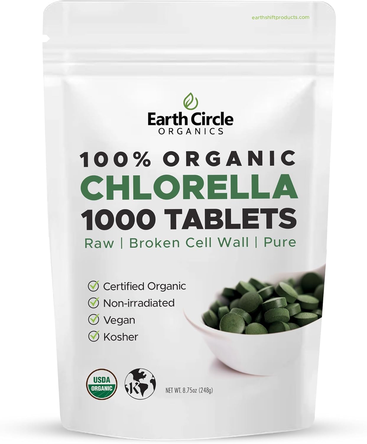 Earth Circle Organics Chlorella Tablets: High Potency Supplement, Pure Green Algae Superfood with Iron and Protein - 1000 Tablets