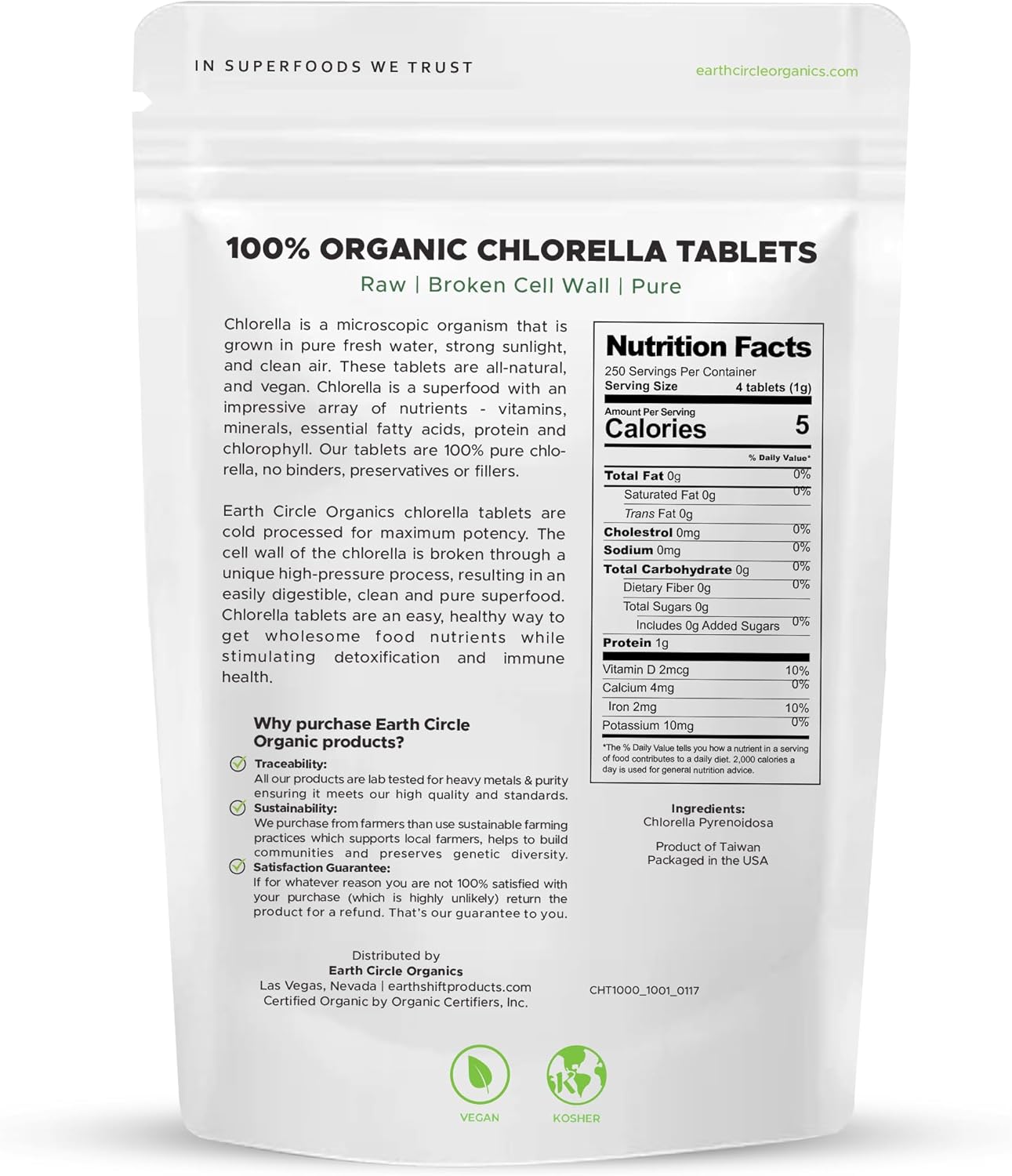 Earth Circle Organics Chlorella Tablets: High Potency Supplement, Pure Green Algae Superfood with Iron and Protein - 1000 Tablets