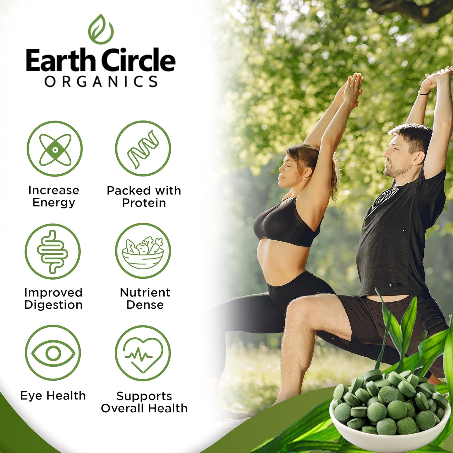 Earth Circle Organics Chlorella Tablets: High Potency Supplement, Pure Green Algae Superfood with Iron and Protein - 1000 Tablets