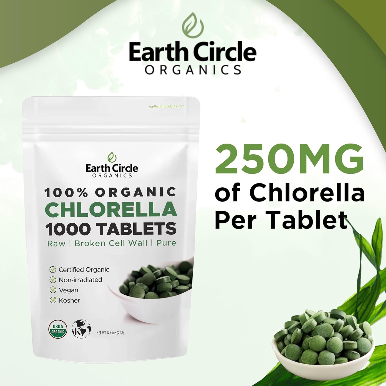 Earth Circle Organics Chlorella Tablets: High Potency Supplement, Pure Green Algae Superfood with Iron and Protein - 1000 Tablets