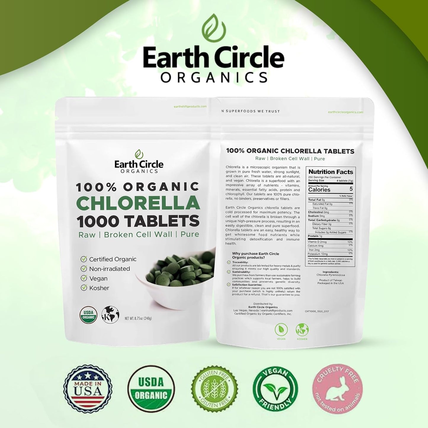 Earth Circle Organics Chlorella Tablets: High Potency Supplement, Pure Green Algae Superfood with Iron and Protein - 1000 Tablets