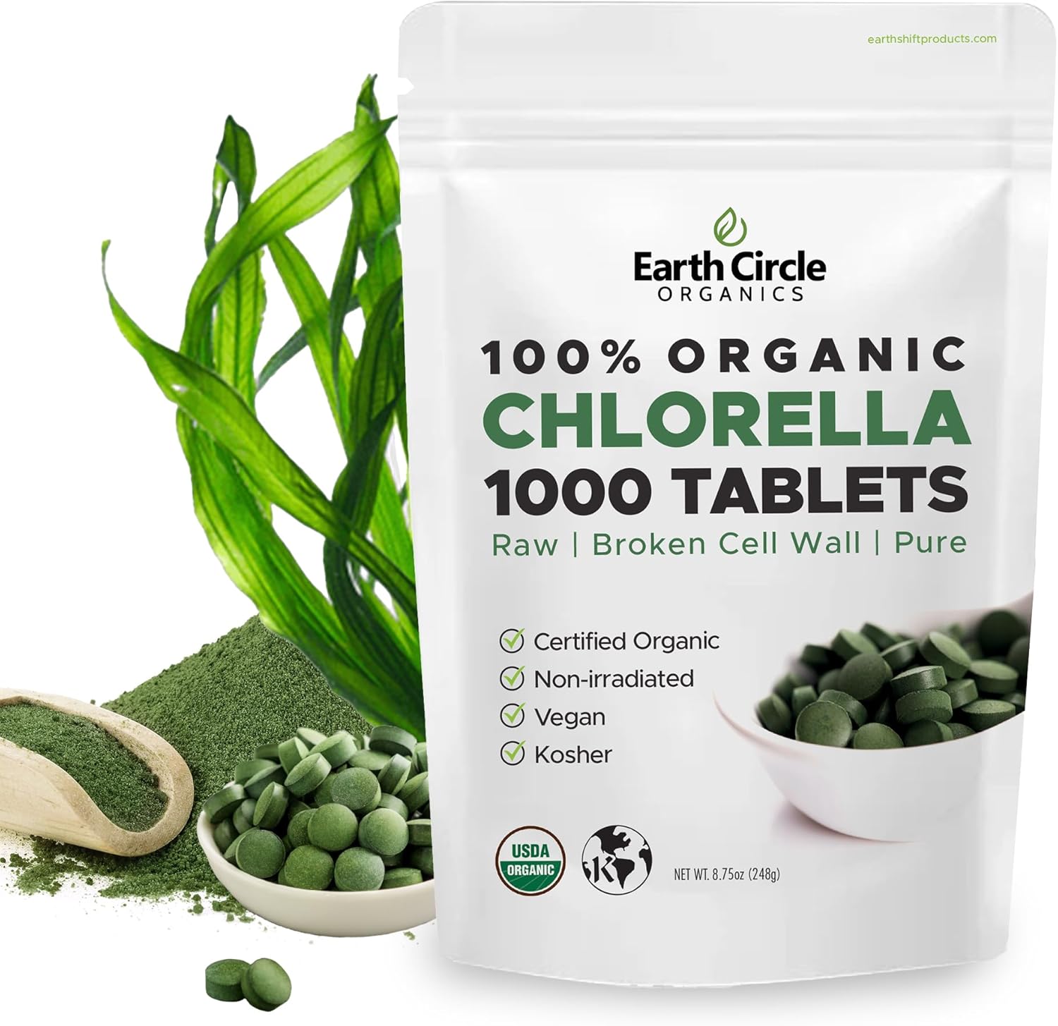 Earth Circle Organics Chlorella Tablets: High Potency Supplement, Pure Green Algae Superfood with Iron and Protein - 1000 Tablets