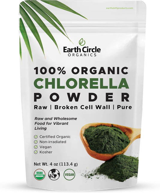 Earth Circle Organics Organic Chlorella Powder Superfood - 4oz | Kosher, Vegan, High Protein & Fiber, Broken Cell Wall Chlorophyll