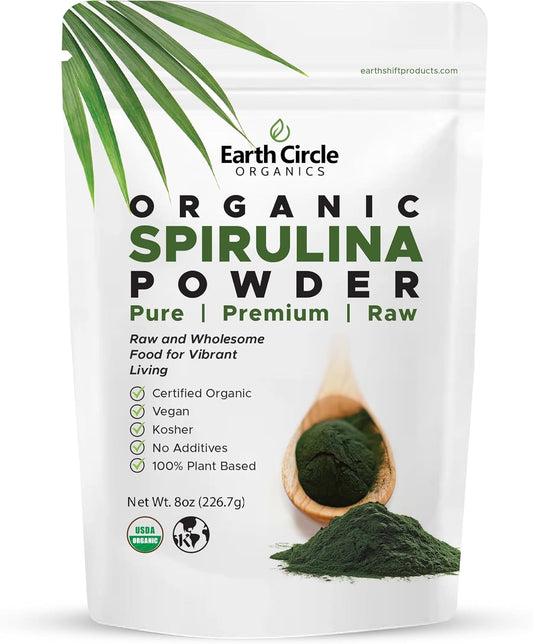 Earth Circle Organics Spirulina Powder - Kosher, Raw, Non-Irradiated, Vegan Protein - High Amino Acids & Antioxidants - 8oz