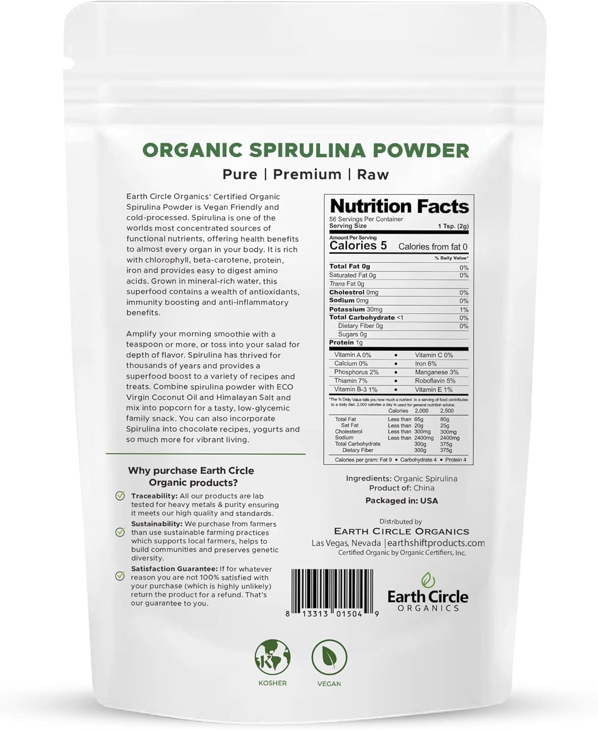 Earth Circle Organics Spirulina Powder: Kosher, Raw, Non-Irradiated, Vegan Protein, Superfood - 4 oz. - BoostGo Australia