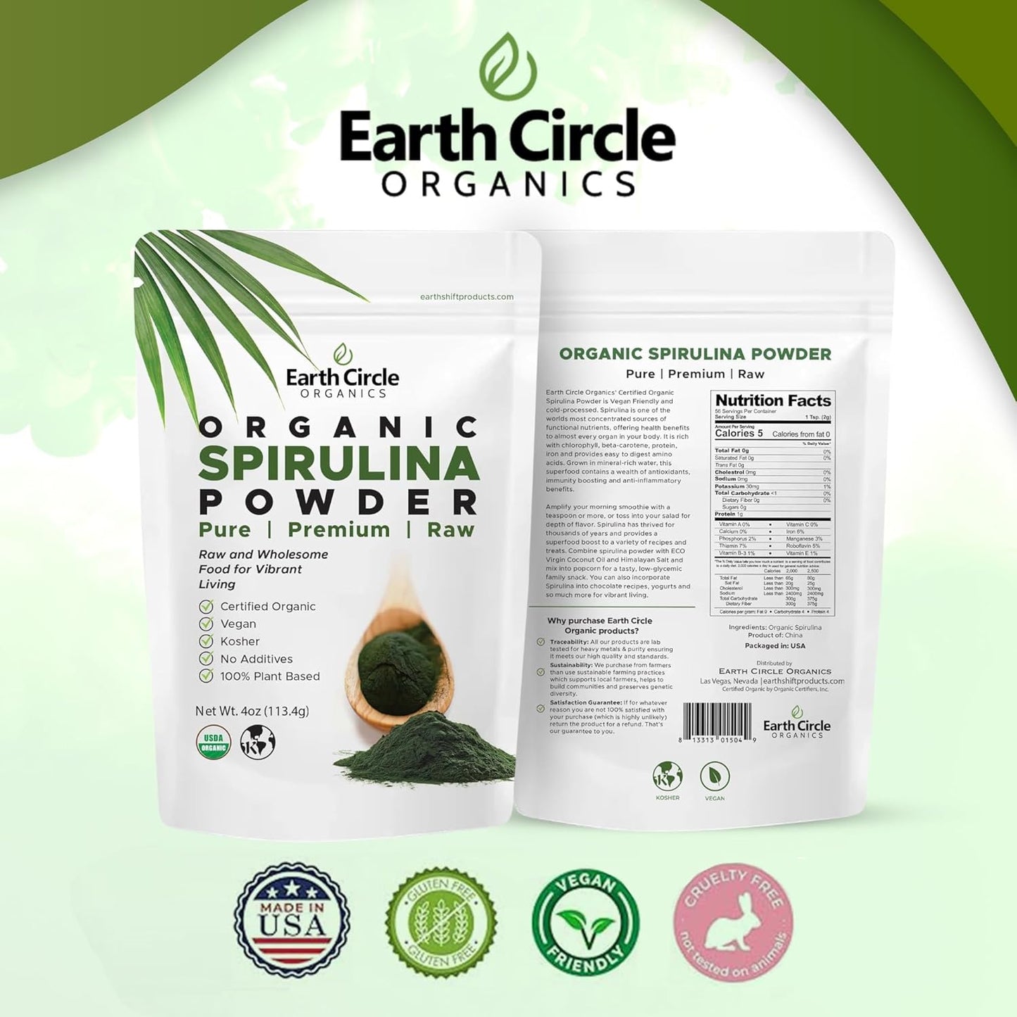Earth Circle Organics Spirulina Powder: Kosher, Raw, Non-Irradiated, Vegan Protein, Superfood - 4 oz. - BoostGo Australia