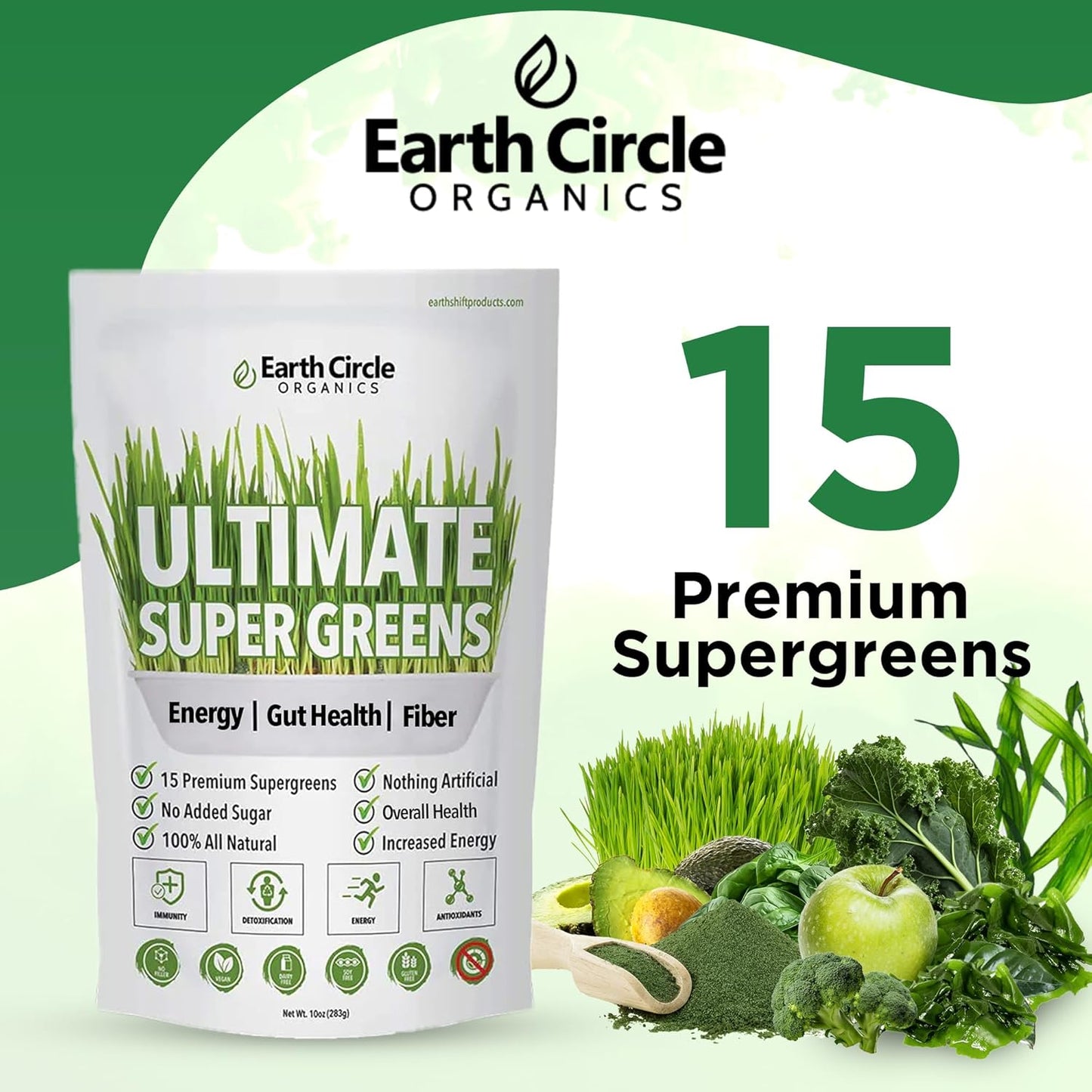 Earth Circle Organics Super Greens Powder - 15 Powerful Superfoods for Energy & Fiber - Vegan, No Additives - Smoothie & Juice Mix - 30 Servings, 10oz (2 Pack)