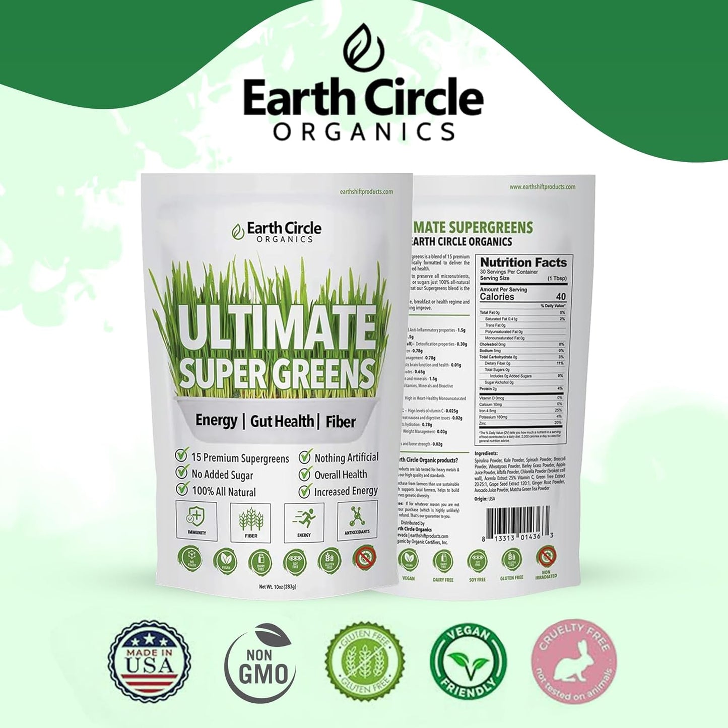 Earth Circle Organics Super Greens Powder - 15 Powerful Superfoods for Energy & Fiber - Vegan, No Additives - Smoothie & Juice Mix - 30 Servings, 10oz (2 Pack)
