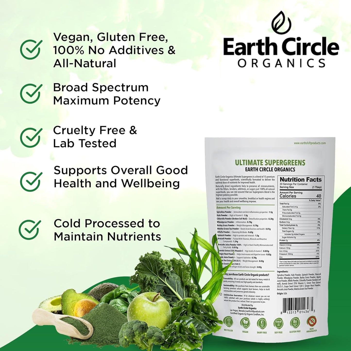Earth Circle Organics Super Greens Powder - 15 Powerful Superfoods for Energy & Fiber - Vegan, No Additives - Smoothie & Juice Mix - 30 Servings, 10oz (2 Pack)