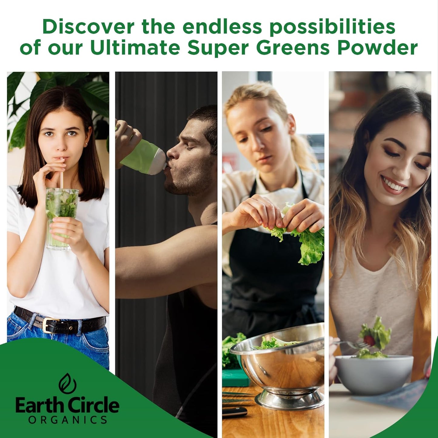 Earth Circle Organics Super Greens Powder - 15 Powerful Superfoods for Energy & Fiber - Vegan, No Additives - Smoothie & Juice Mix - 30 Servings, 10oz (2 Pack)