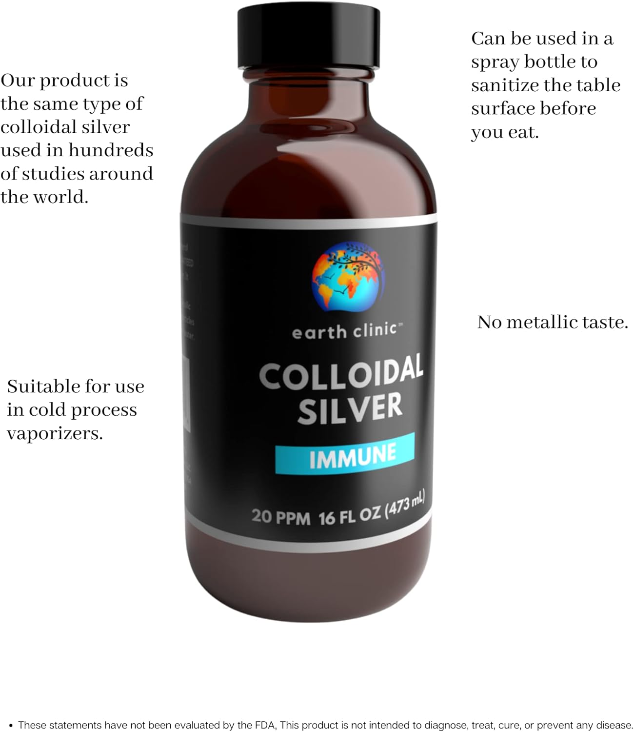 Earth Clinic ® Colloidal Silver 20 PPM in Large Amber Glass Bottle for Immune Support - 16oz (473mL)