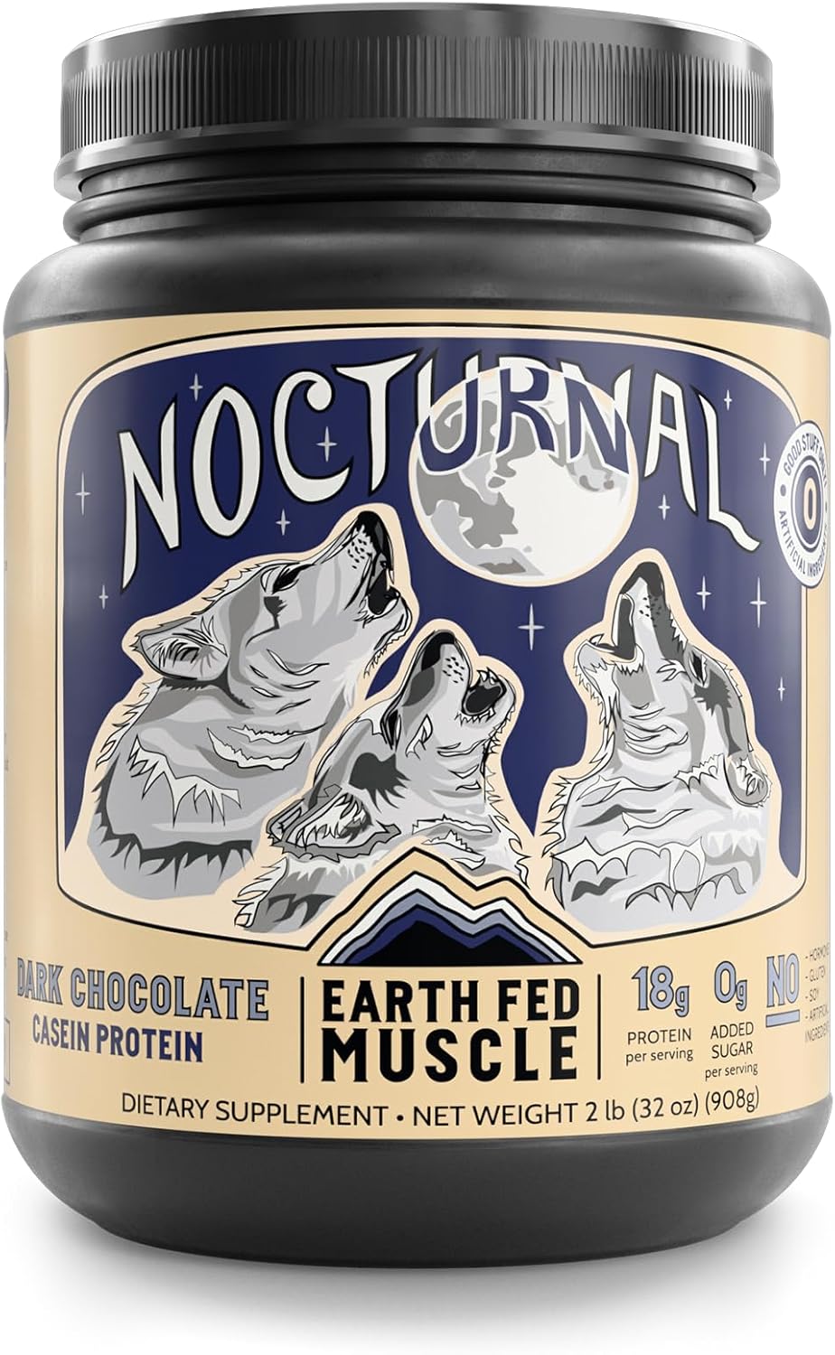 Earth Fed Muscle Nocturnal Protein Blend - Rich Dark Chocolate Flavor, 18g Protein, 23 Servings, Sugar Free, Keto, Soy Free, Gluten Free.